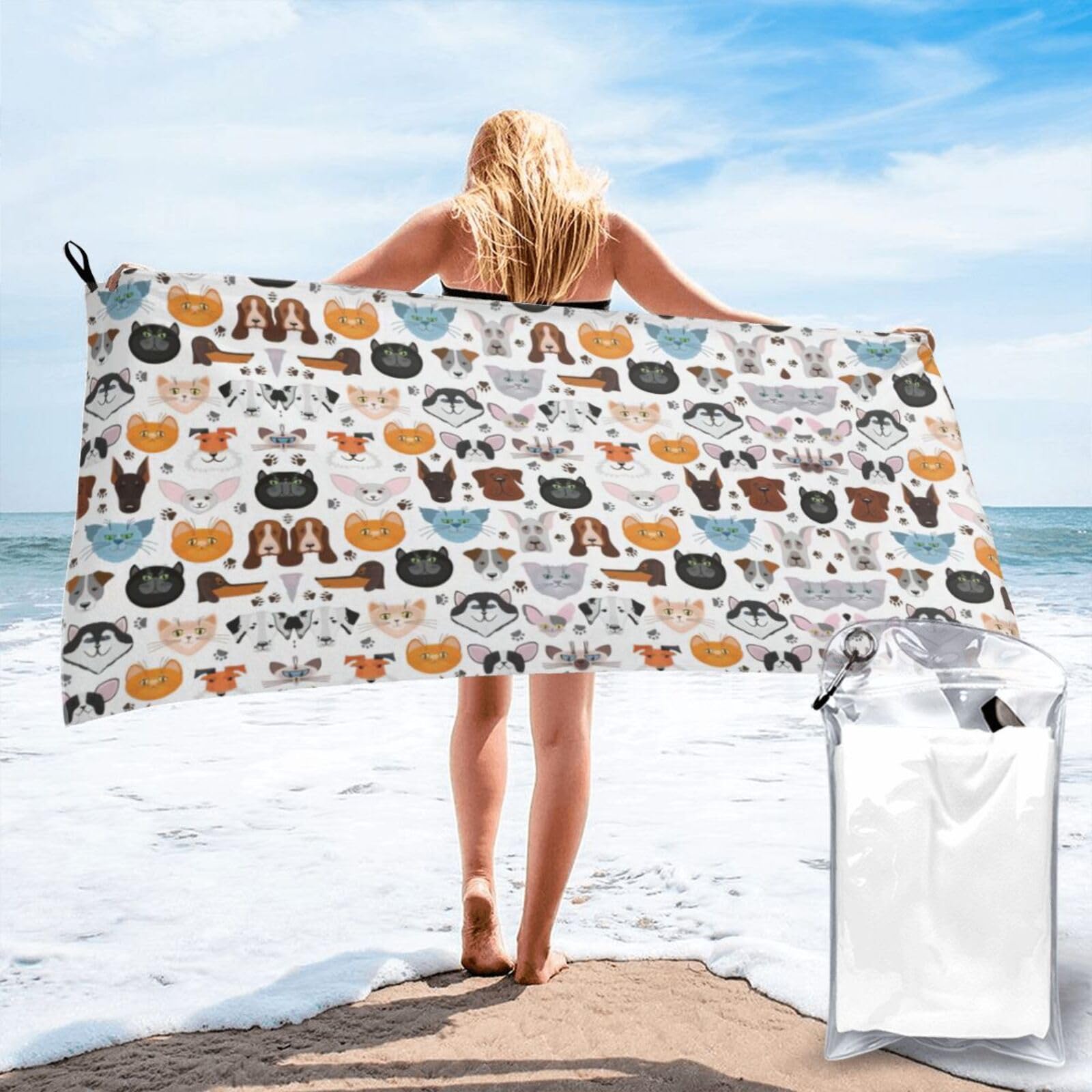 SDEGTHO Cat And Dog Faces Bulldog Beagle Labrador Print Beach Towel Quick Dry Portable For Swimming Yoga Adults Fitness