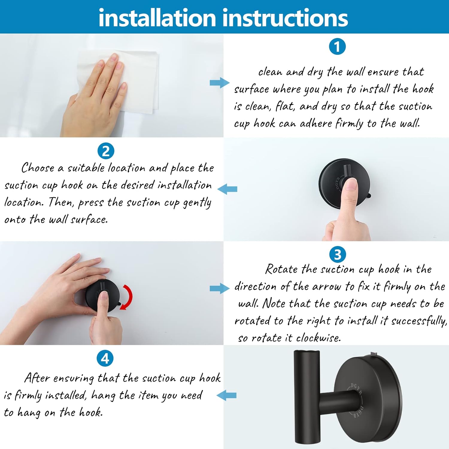 DGYB Large Suction Cup Hooks for Shower Set of 2 Black Towel Hooks for Bathrooms Stainless Steel Suction Hooks for Inside Shower 15 Lb Removable Wall Hook for Hanging Heavy Duty