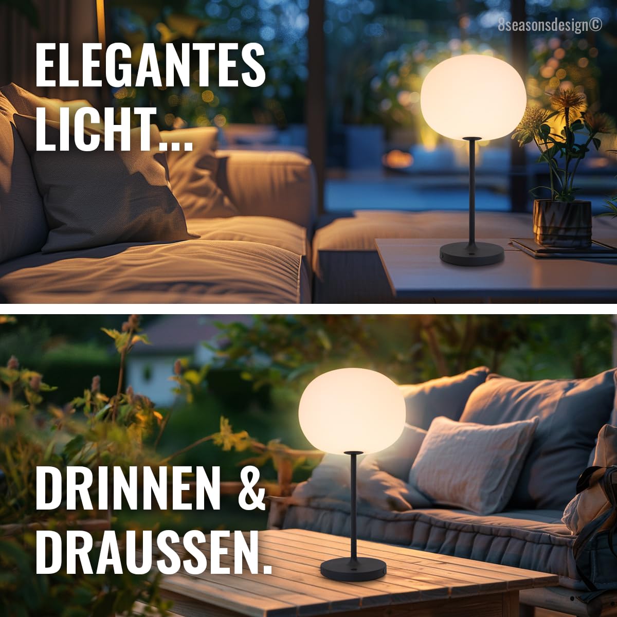 8 seasons design LED Akku Tischlampe, innen & außen, 42 cm - Glowing Elegance - dimmbar, warmweiß, wetterfest - kabellos, USB-C & Powerbank-Funktion - Terrasse, Garten & Wohnbereiche
