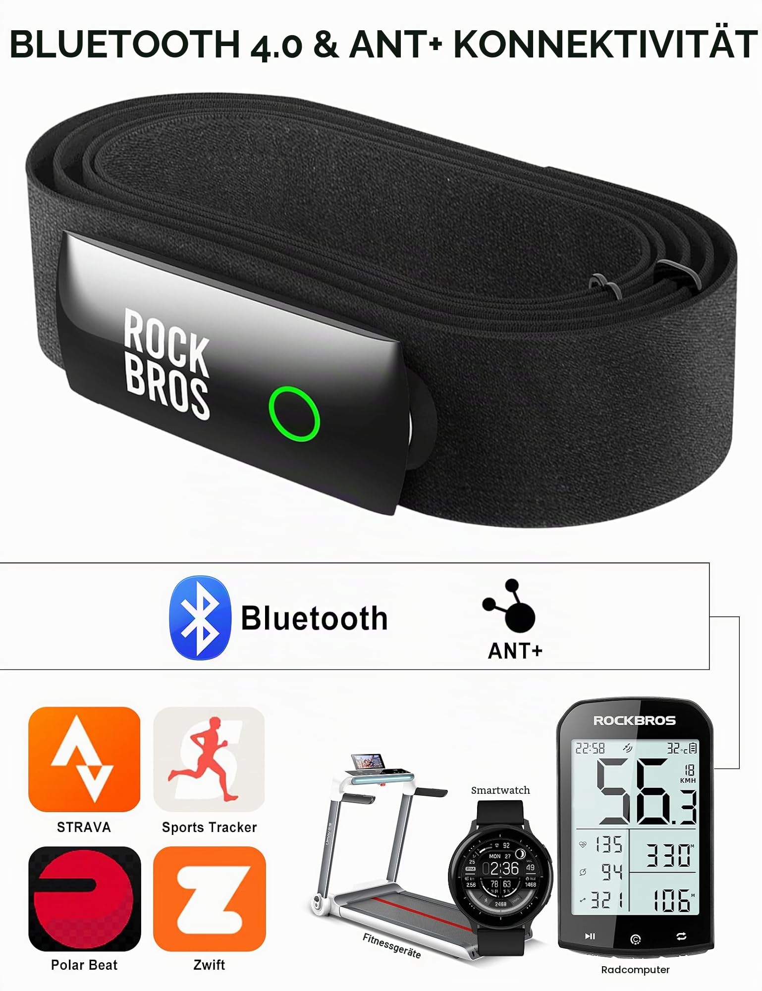 ROCKBROS Herzfrequenzmesser Brustgurt Bluetooth & ANT+, LED Anzeige, 50h Akku, IP67 Wasserdicht, Magnetladung, Kompatibel mit Garmin, Wahoo, Polar, Strava, Sports Tracker