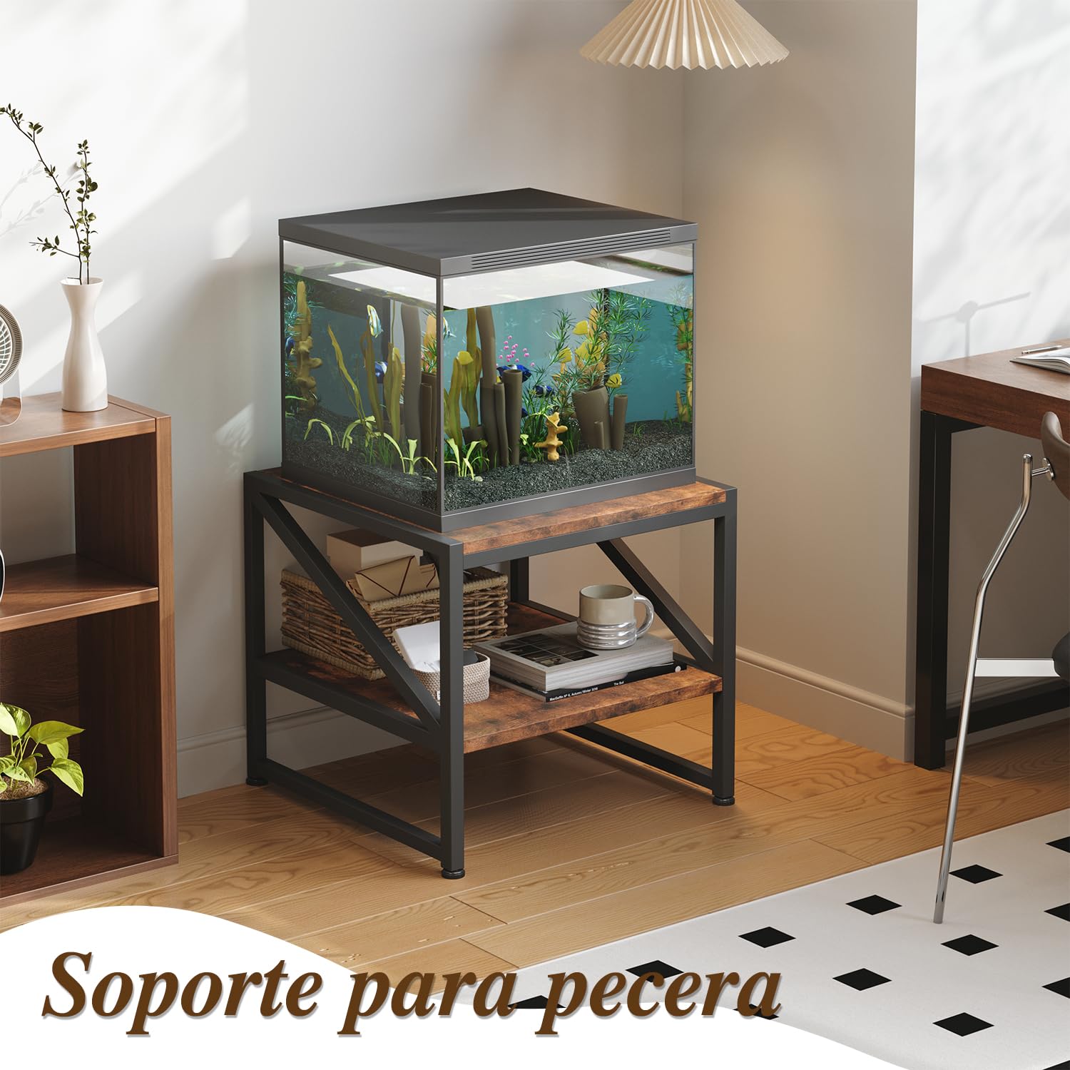 Beistelltisch Wohnzimmer 50x50 cm, Couchtisch mit 2 Ebenen bis 90 kg belastbar, Industrie-Design Sofatisch mit Metallgestell, Vielseitiger Mini Kühlschrank Ständer Aquariumständer Druckertisch, Braun