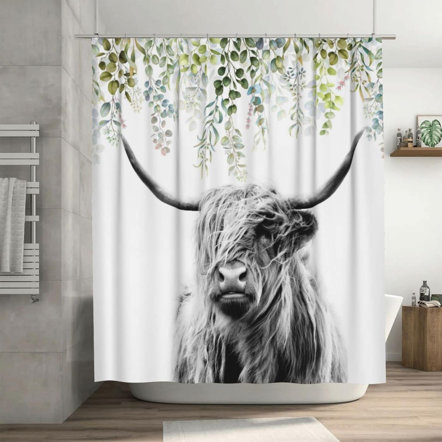 Highland Cow Shower Curtain, Farmhouse Flower Plant Leaves