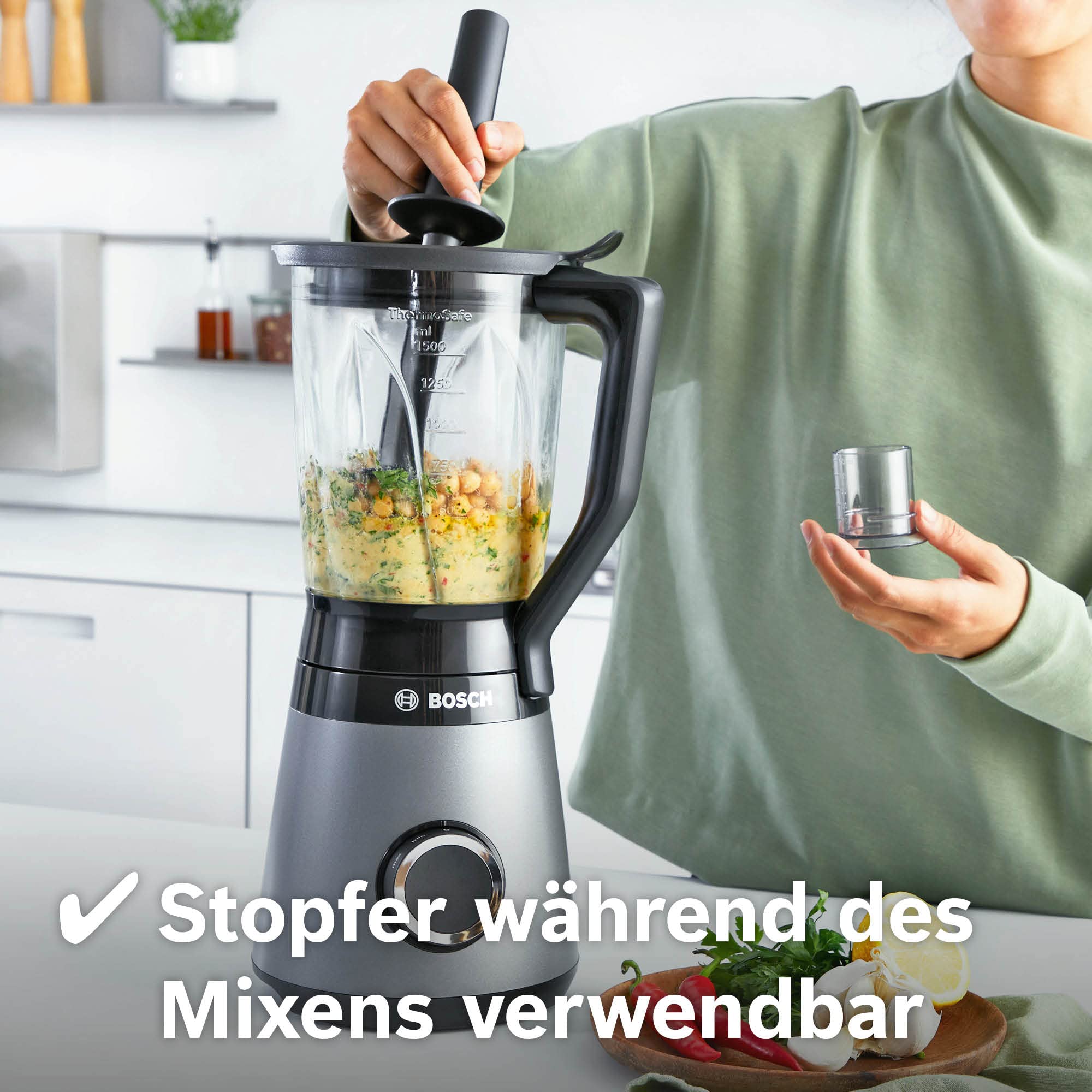 Bosch Blender kielichowy MMB6174SN VitaPower Serie 4, 30 000 obr./min., 1200 W, szklany kielich 1,5 l, butelka na wynos 0,6 l, Szary inox