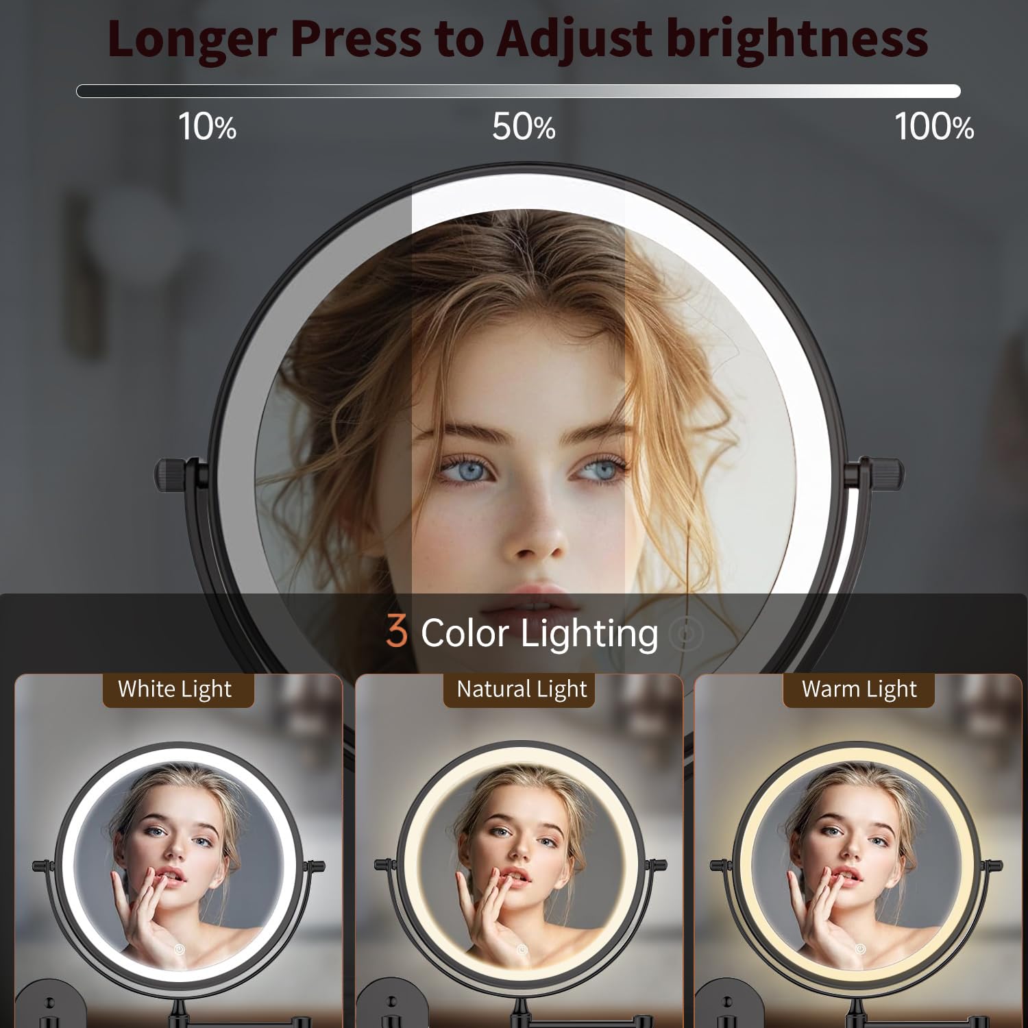 Specchio da trucco illuminato da parete da 21,6 cm, 3000 mAh ricaricabile a doppia faccia 1X 10X, illuminazione a 3 colori, oscuramento touch screen, braccio esteso con rotazione a 360 gradi