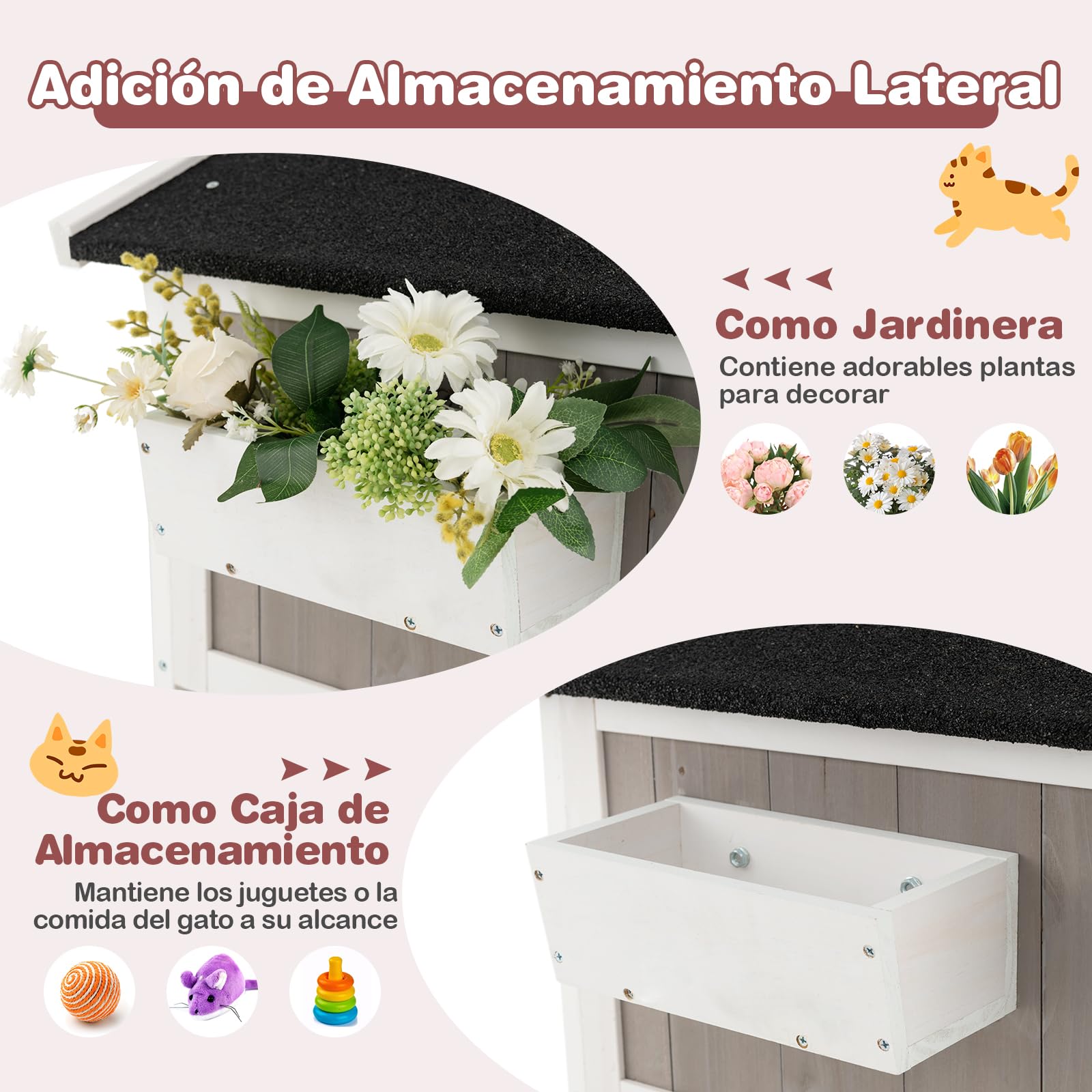 GOPLUS Casa para Gatos de 2 Niveles con Techo de Asfalto, Puertas de Escape, Plataforma, Cortinas de PVC para Interior y Exterior