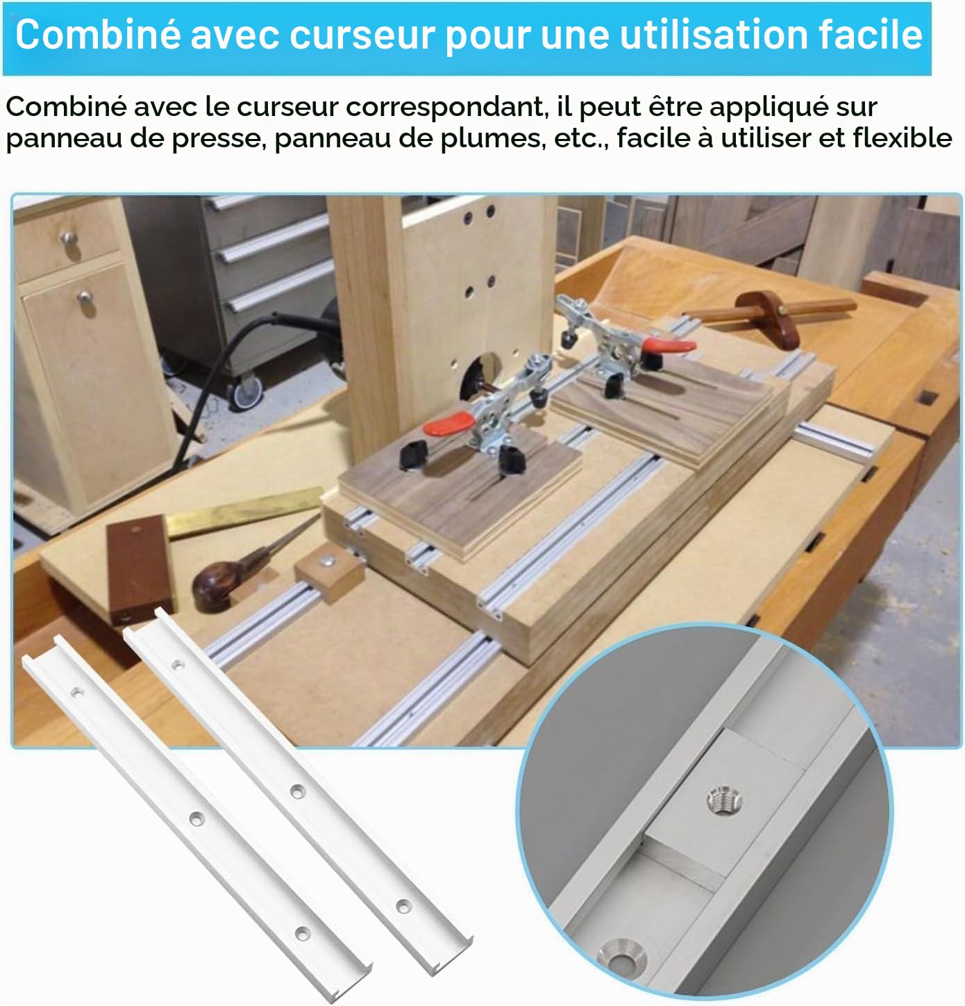 Lot de 4 Rail de Guidage Scie Sur Table, Rails Aluminium T Track de 400 mm, M8, M6 Rail en T Avec Accessoires Complets pour Outil de Travail du Bois