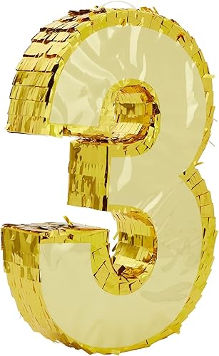 Juvale Piñata número 3 de lámina dorada – 11.1 x 2.9 x 16.1 pulgadas, papel dorado estilo 3 – Interior espacioso para dulces y juguetes – Decoración
