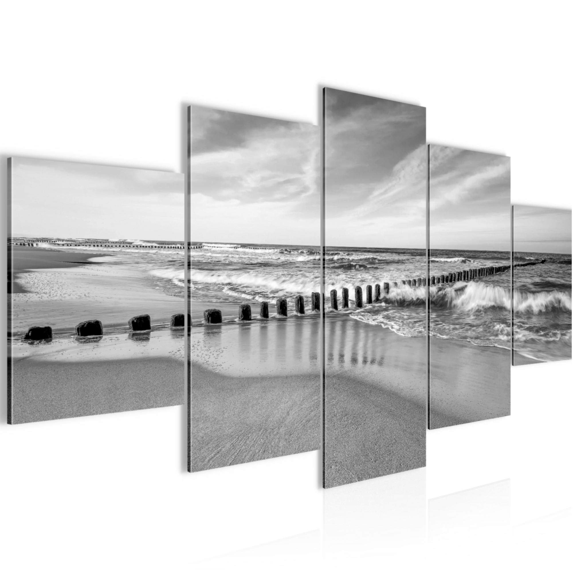 Runa Art - Cuadros Decorativos Playa Mar 200 x 100 cm 5 Piezas XXL Decoracion de Pared Diseño Negro Blanco 025251c