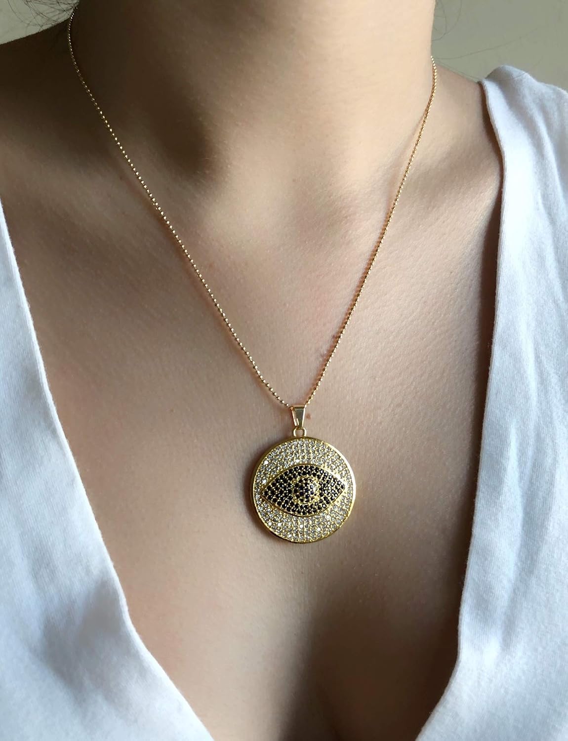 SIFRIMANIA Big Evil Eye for Women Round Disc 1.1 Inch Diameter Pendant Necklace 17.2 Inches Chain