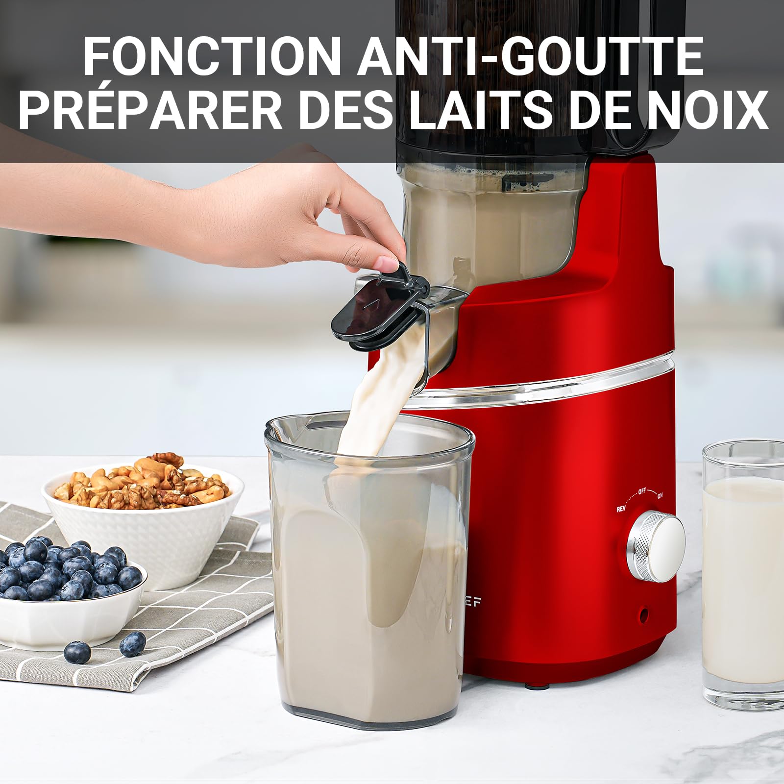 AMZCHEF Extracteur de jus automatique Vos mains libres, Ouverture de 135 mm et capacité de 1,8 L Extracteur de jus de fruits et légumes entiers, Extracteur jus lent de 250W avec triple filtre - Rouge