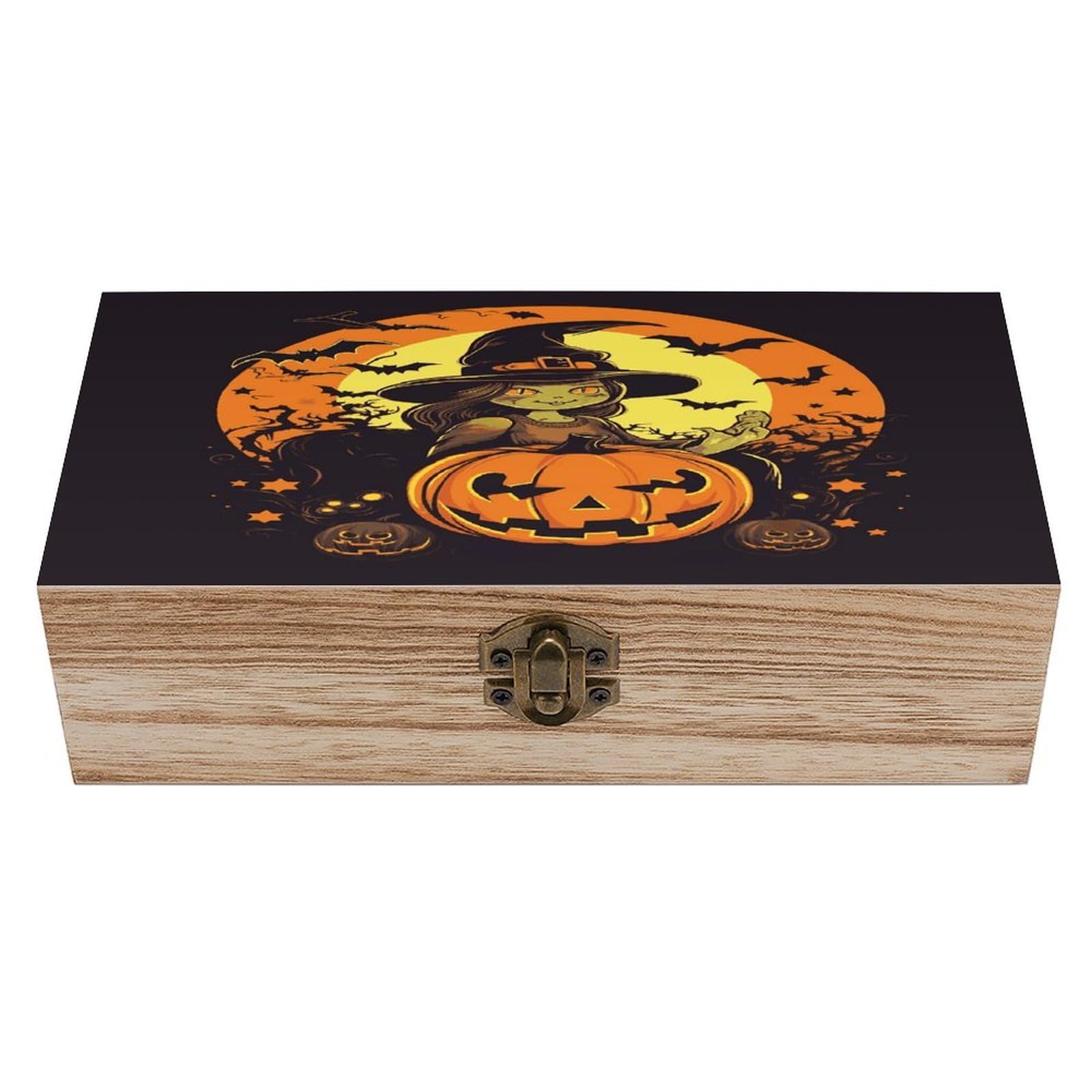Btcowzrv Style Halloween Pumpkin Witch Wooden Storage Box, Keepsake Box With Hinged And Retro Lock, Wood Jewelry Organizer For Photos & Mementos And Home Decor