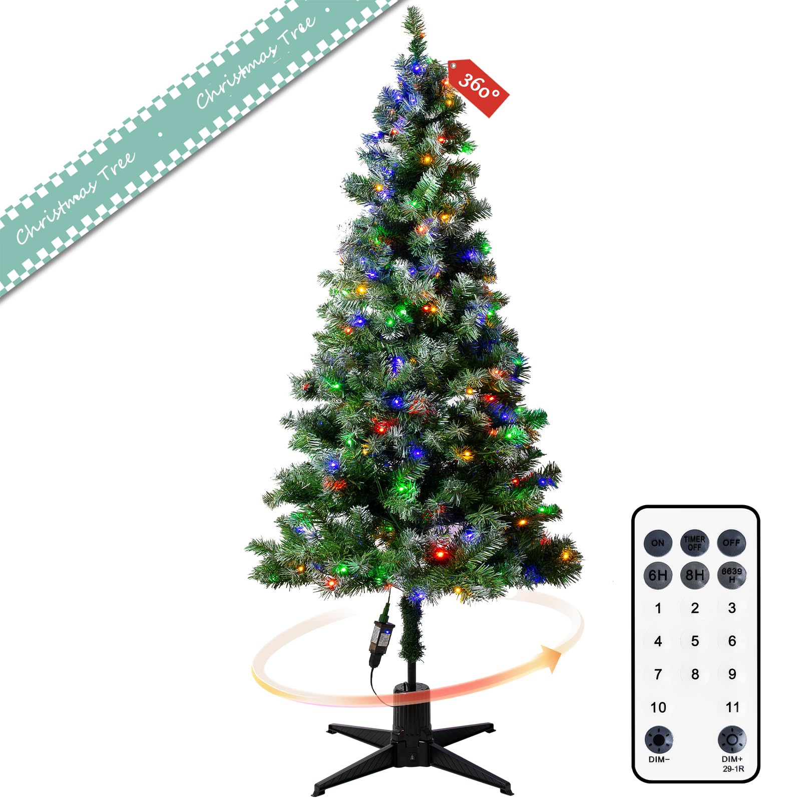 6Ft Rotating Artificial Christmas Tree, 360-degree Spinning Christmas Tree Stand, Frosted Leaves, Prelit Xmas Tree With Multi-color & Warm White LED Lights for Home Room Party New Year Decor