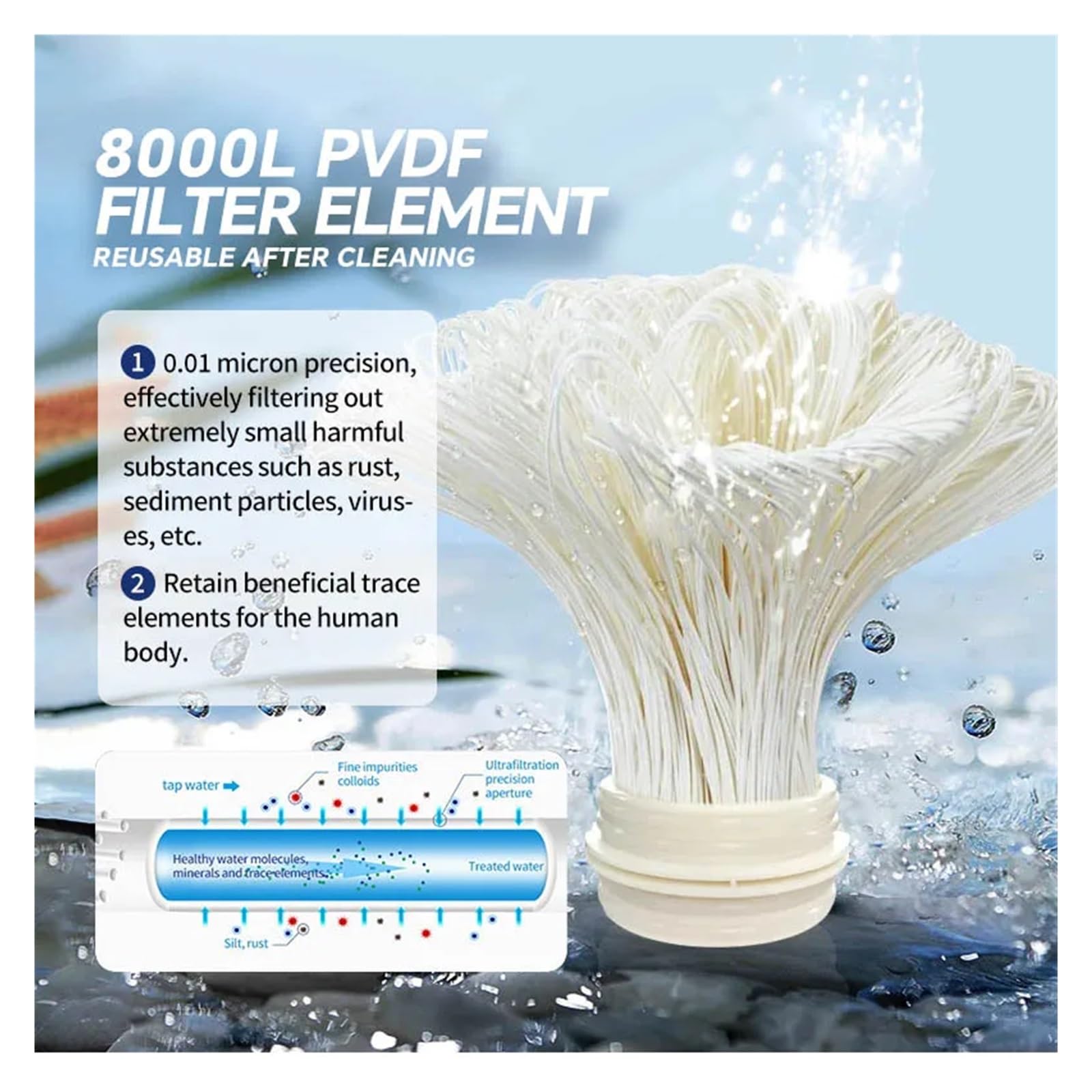 Sistema de filtro agua alto flujo, ultrafiltración inoxidable 0,01μm, PVDF reutilizable, excede toda la casa 3000-8000L(Filter element 8000L)