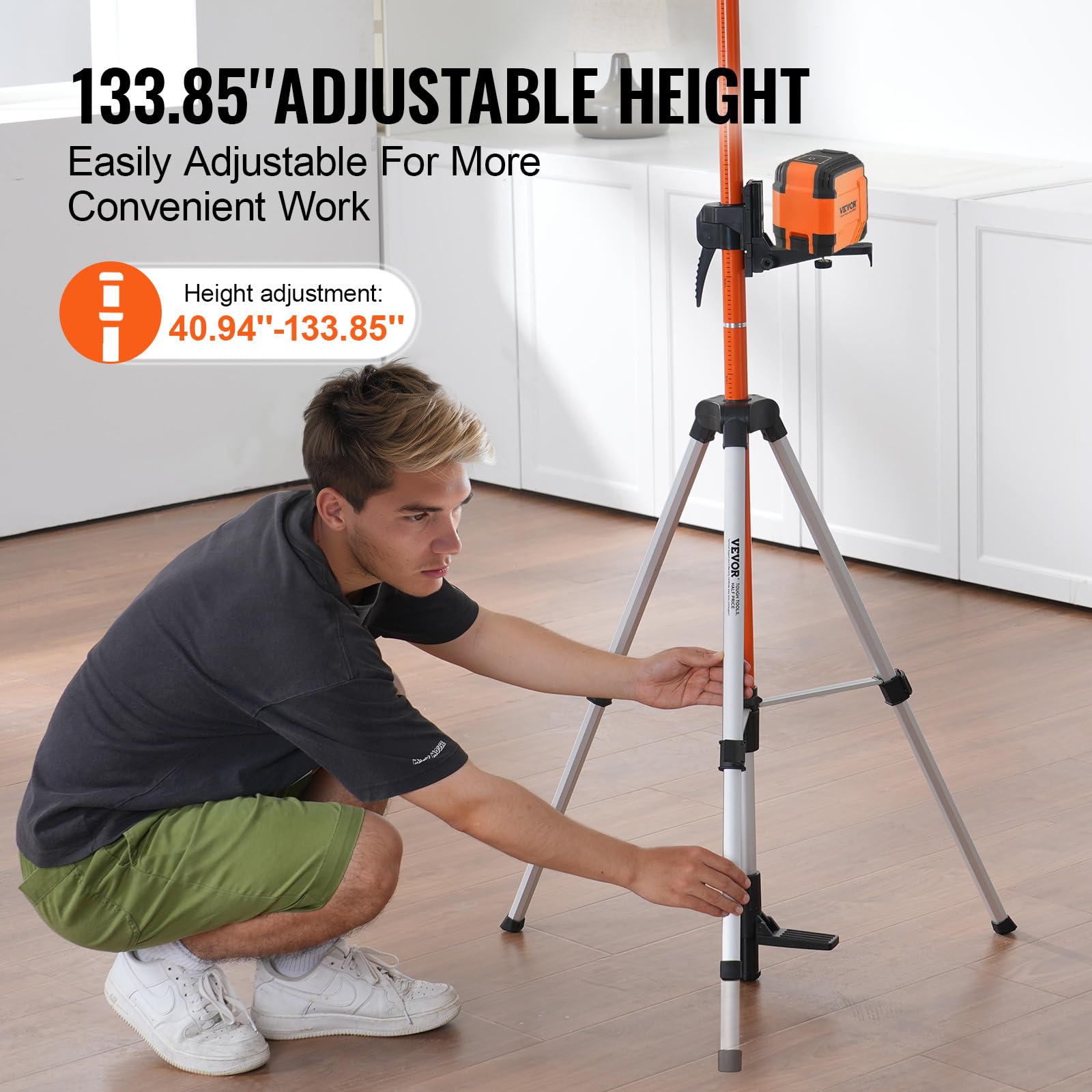 VEVOR Trépied de Niveau Laser, Filetage 1/4"-20 5/8"-11, Réglable en Hauteur 1040-3400 mm avec Niveau à Bull Intégré, Support Robuste, Trépied en Aluminium Léger à Poteau Extensible pour Scanner Laser
