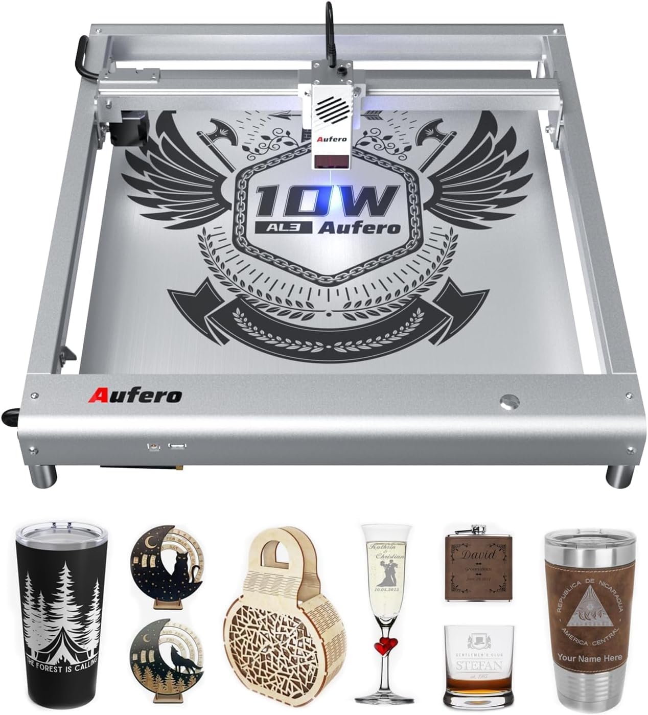 AL3 Cortador grabador láser de 10 W, marco de aluminio de 400 x 400 mm, control por aplicación WiFi, máquina de enfoque fijo para madera, metal, acrílico, cuero