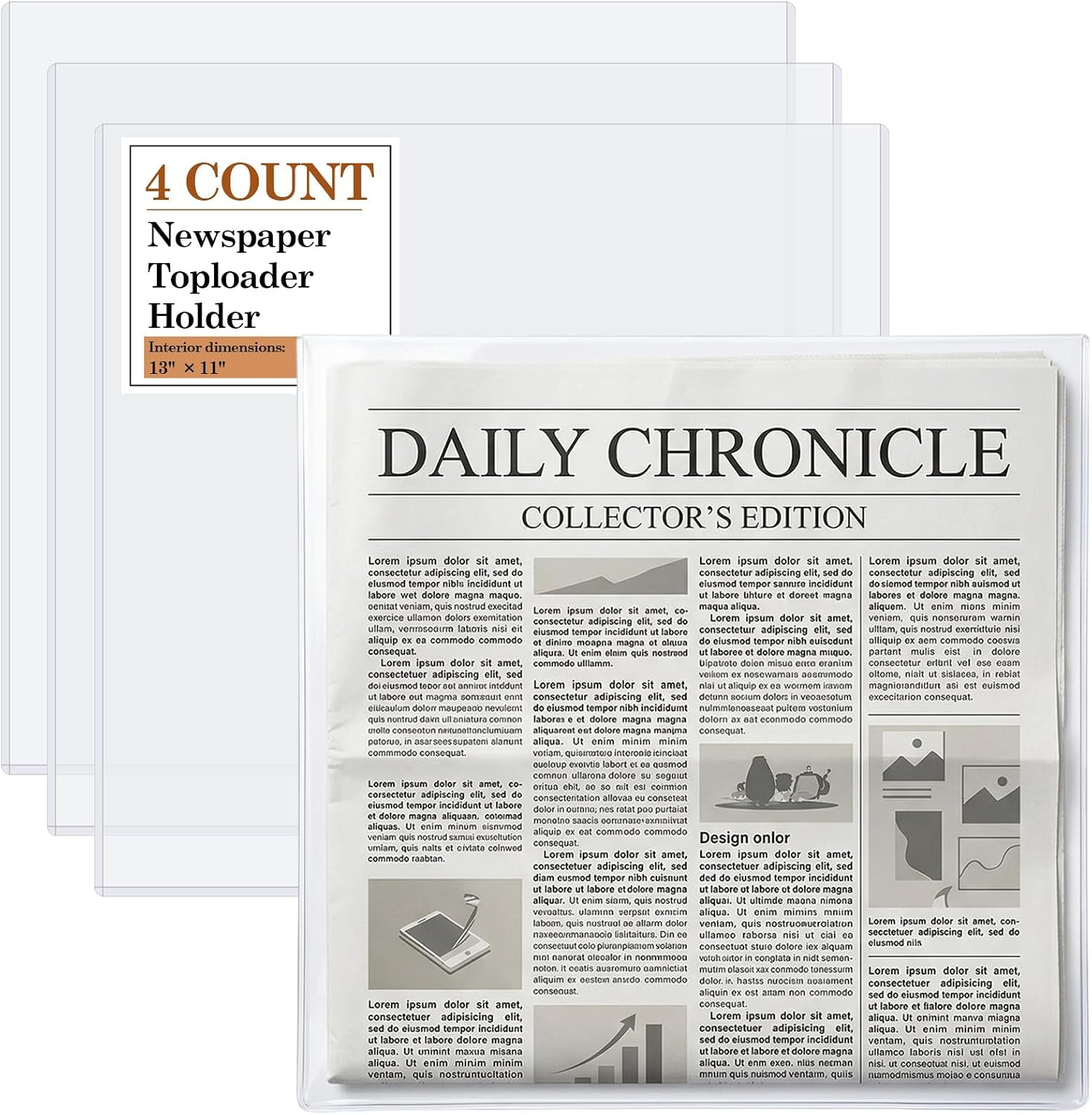 Klmnop 4 Pack Hard Newspaper Toploader Holders, 13" x 11" Rigid PVC Plastic Protector Sleeves, 4.5mm Thick Clear Loaders for Newspapers, Magazines, Comics, Photos