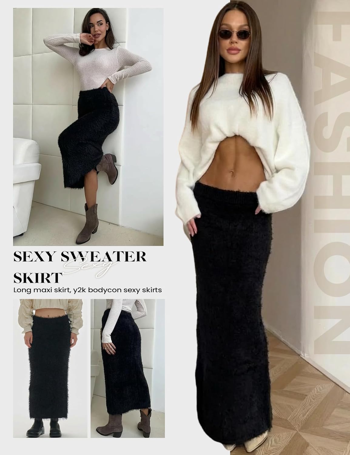 Wyeysyt Womens Fuzzy Bodycon Maxi Skirt Y2k Pencil Long Skirts Clubwear Sexy Sweater Skirt - Image 5