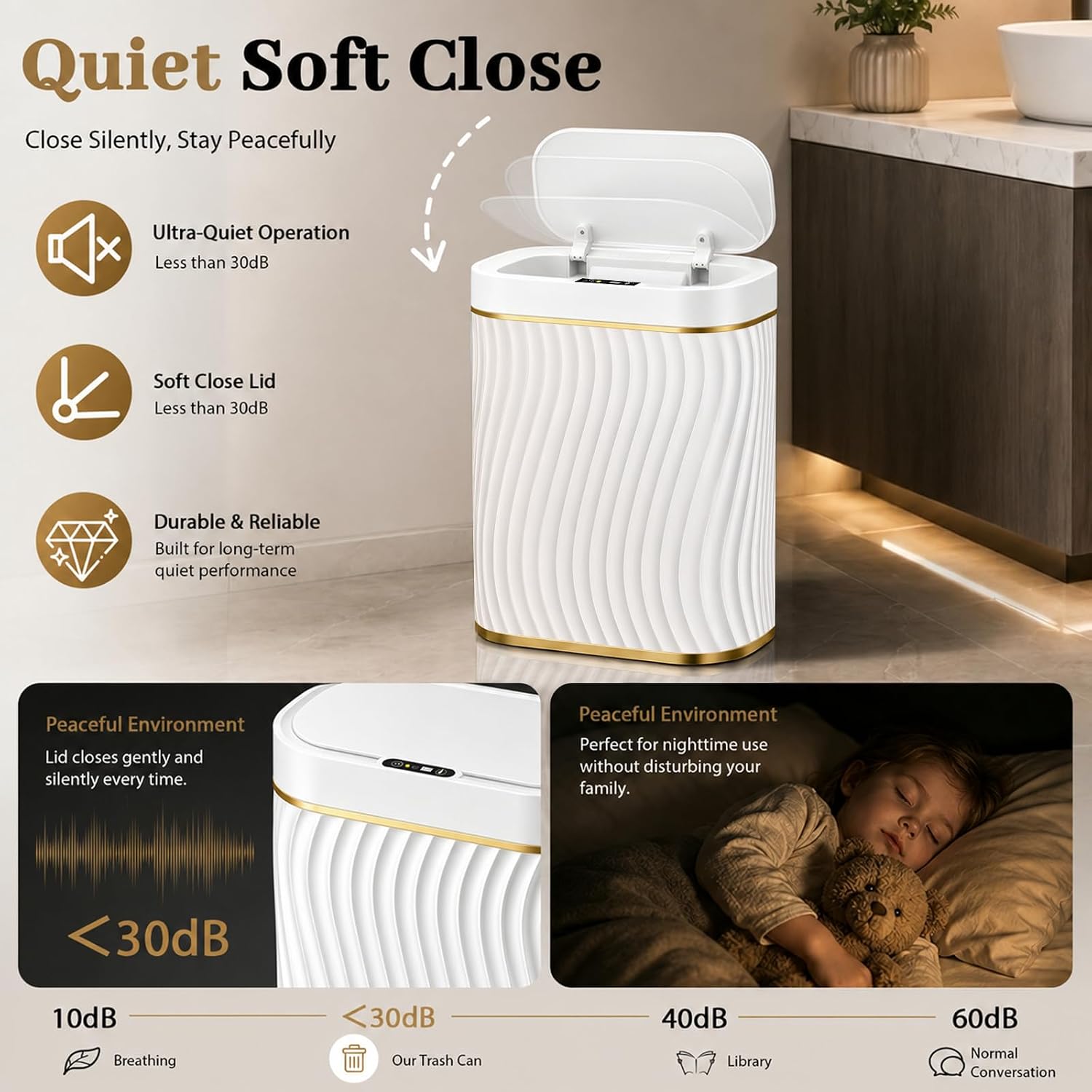 5 Gallon Automatic Bathroom Trash Can with Touchless Lid, White Gold | Motion Sensor Trash Can with Slim Waterproof Body; Small Plastic Garbage Can, hands-free lid for Bedroom, office, and kitchen