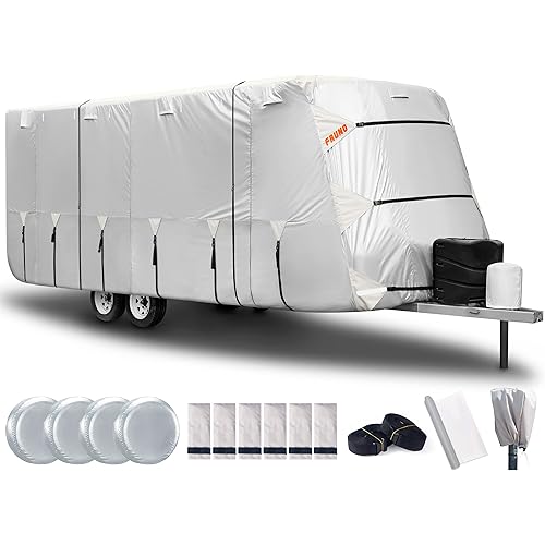 FRUNO Oxford Fabric Travel Trailer Cover RV Cover 27'-30' Waterproof Rip-Resistant Anti-UV Camper Cover for Winter Snow with Jack Cover 4 Tire Covers and Gutter Covers
