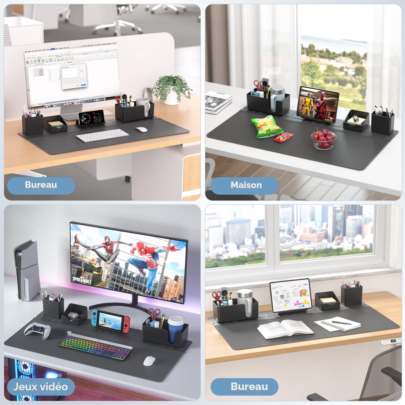 KDD Tapis de Bureau avec Set Organisation - 5 en 1 Tapis de Souris XXL avec Rangement Bureau - Support Magnétique pour Téléphone/Boîte Rangement avec Porte-gobelet/Porte-stylo pour Bureau, Maison