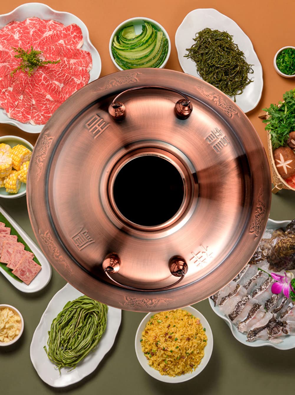 SAeWare Pentola calda cinese in rame, in acciaio inox, per servire shabu, per zuppa tradizionale cinese, con camino, per casa, feste, ristorante, argento, 32 cm