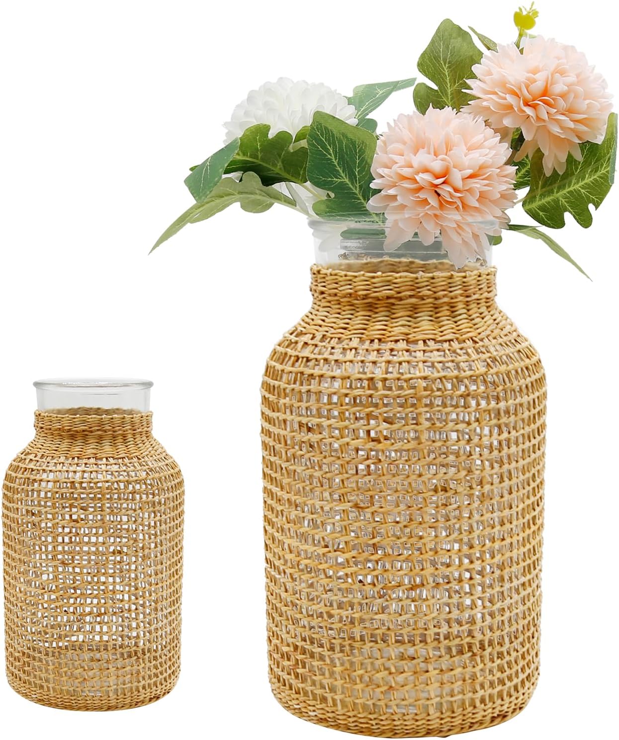MDEOOSKY Straw Woven Glass Vase 10.25''X3.93''X5.52''Boho Glass Flower Vase Country Rustic Style Vase Glass Vase for Floral Arrangements Bottle Height (B Style 10.25IN)