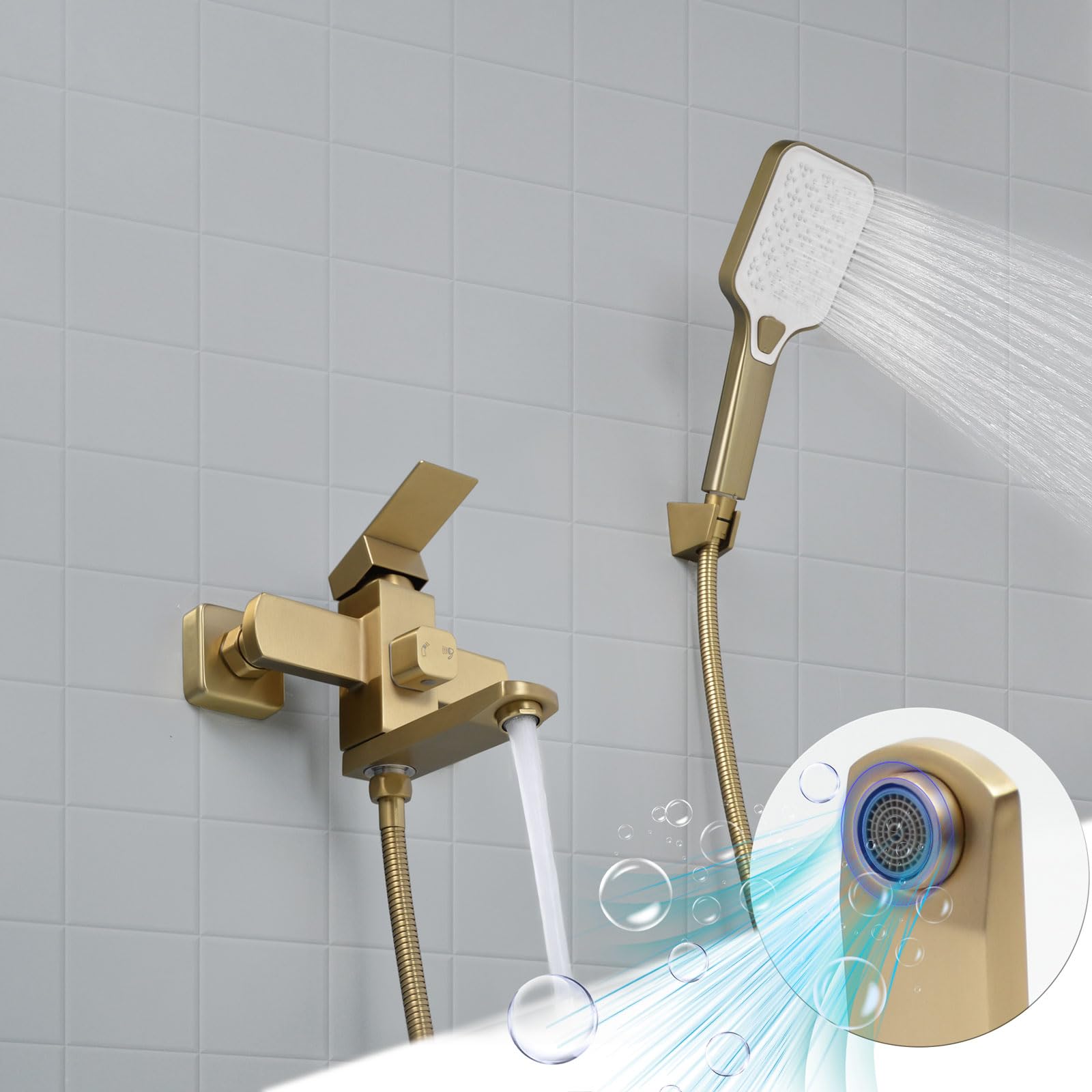 Grifo de Bañera, Grifo de Ducha con Alcachofa, Monomando Mezclador Ducha Montado en La Pared, Dorado Cepillado, 9Y4OK