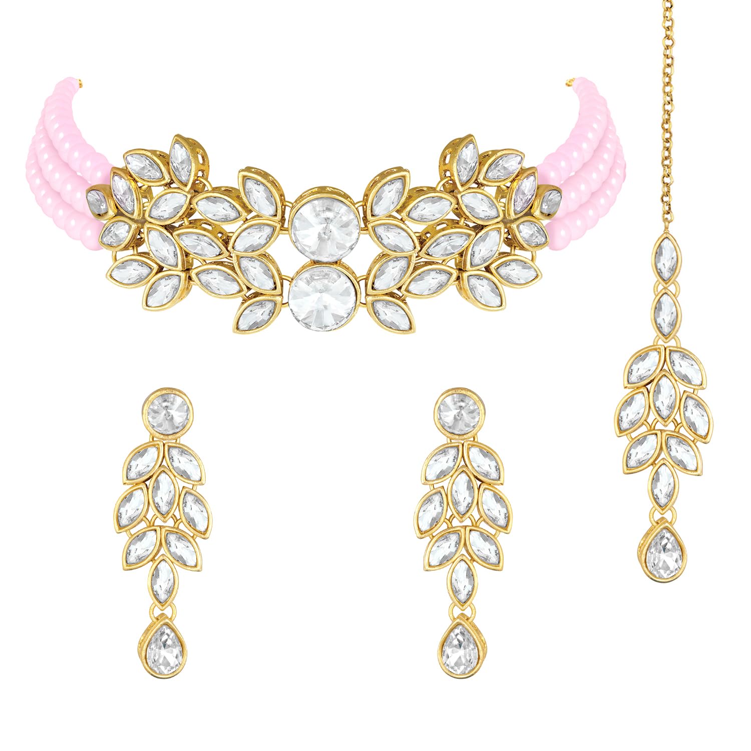 Peora Gold Plated Crystals Studded Choker Necklace Earrings & Maang Tikka Set Ethnic Jewellery for Girls & Women (Pink) (B0B2LGRWMY) Amazon Price History, Amazon Price Tracker