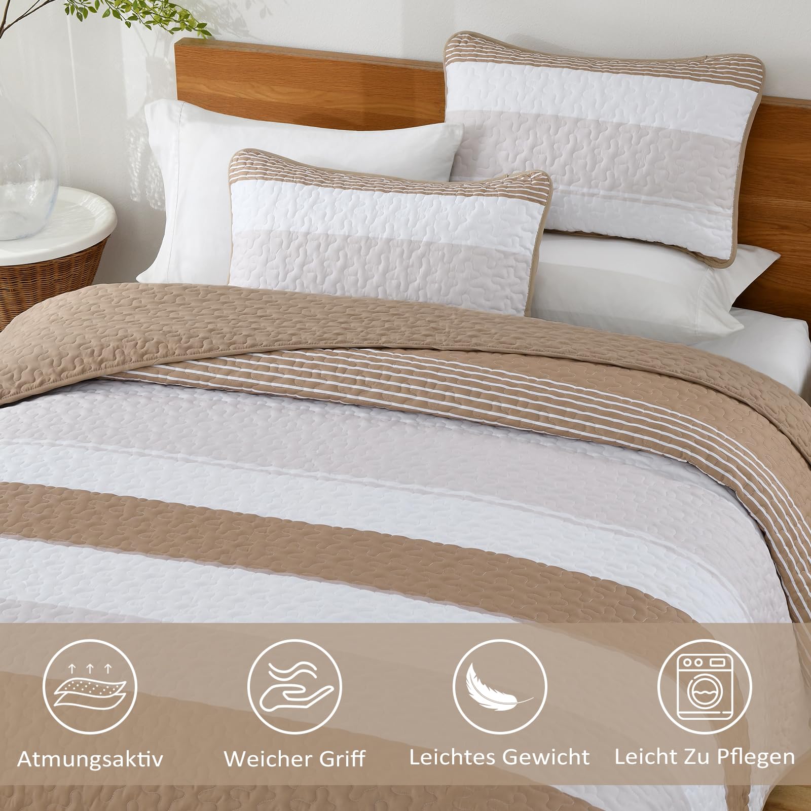 WONGS BEDDING Copriletto trapuntato 220 x 240 cm, con motivo floreale, in microfibra, a quadri, con 2 federe, 50 x 75 cm