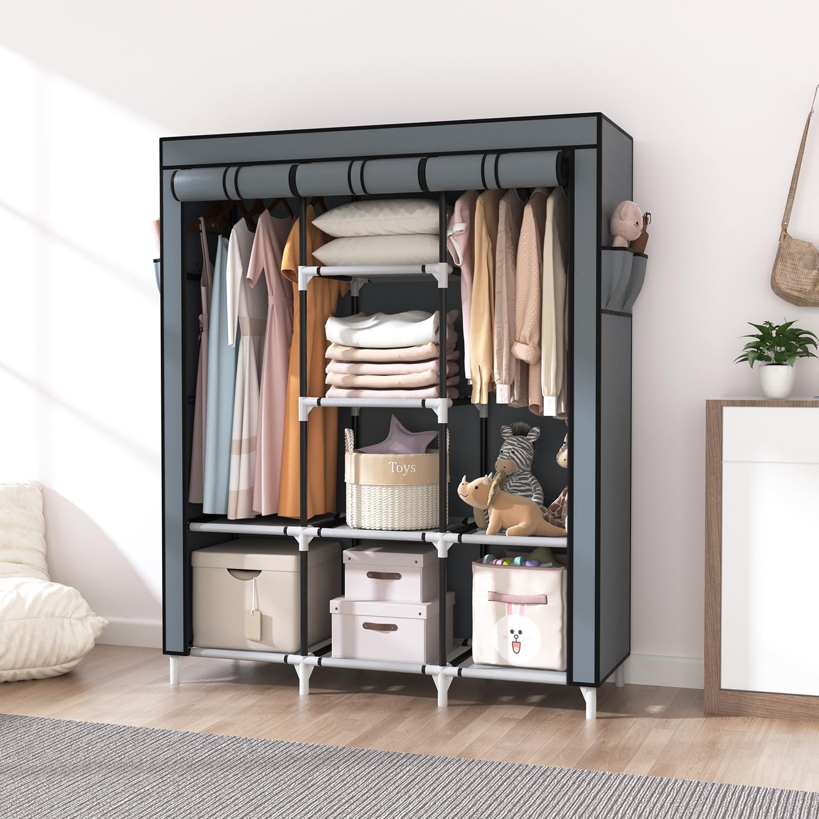Vicye Armario de Tela para Ropa Plegable, Organizador Ropero con 2 Barra para Colgar, 8 Estantes y 4 Bolsillos Laterales, Marcos Metálicos, Gran Capacidad (Gris 124 x 42 x 162 cm)