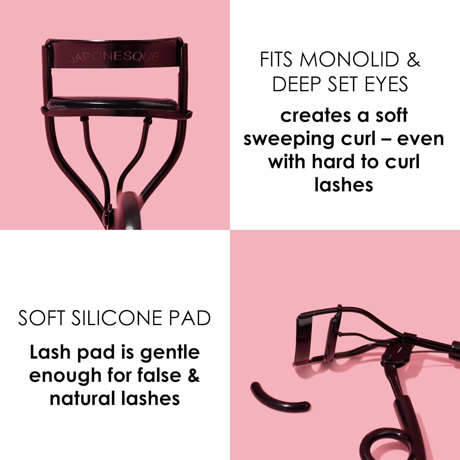 JAPONESQUE Pro Performance Lash Curler with Natural Arch for Sweeping Volume on Natural or False Lashes, Holds Curl for up to 8 Hours, Includes 1 Refill Pad