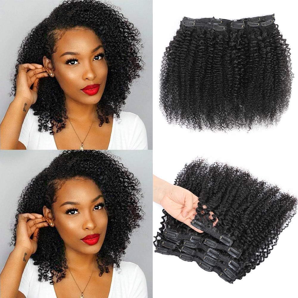 Kinky Curly Clip In Hair Extensions for Black Women Human Hair, Urbeauty 14 inch Curly Clip in Human Hair Extensions, 3C/4A Afro Coily Hair Clip Ins for African American Black Women