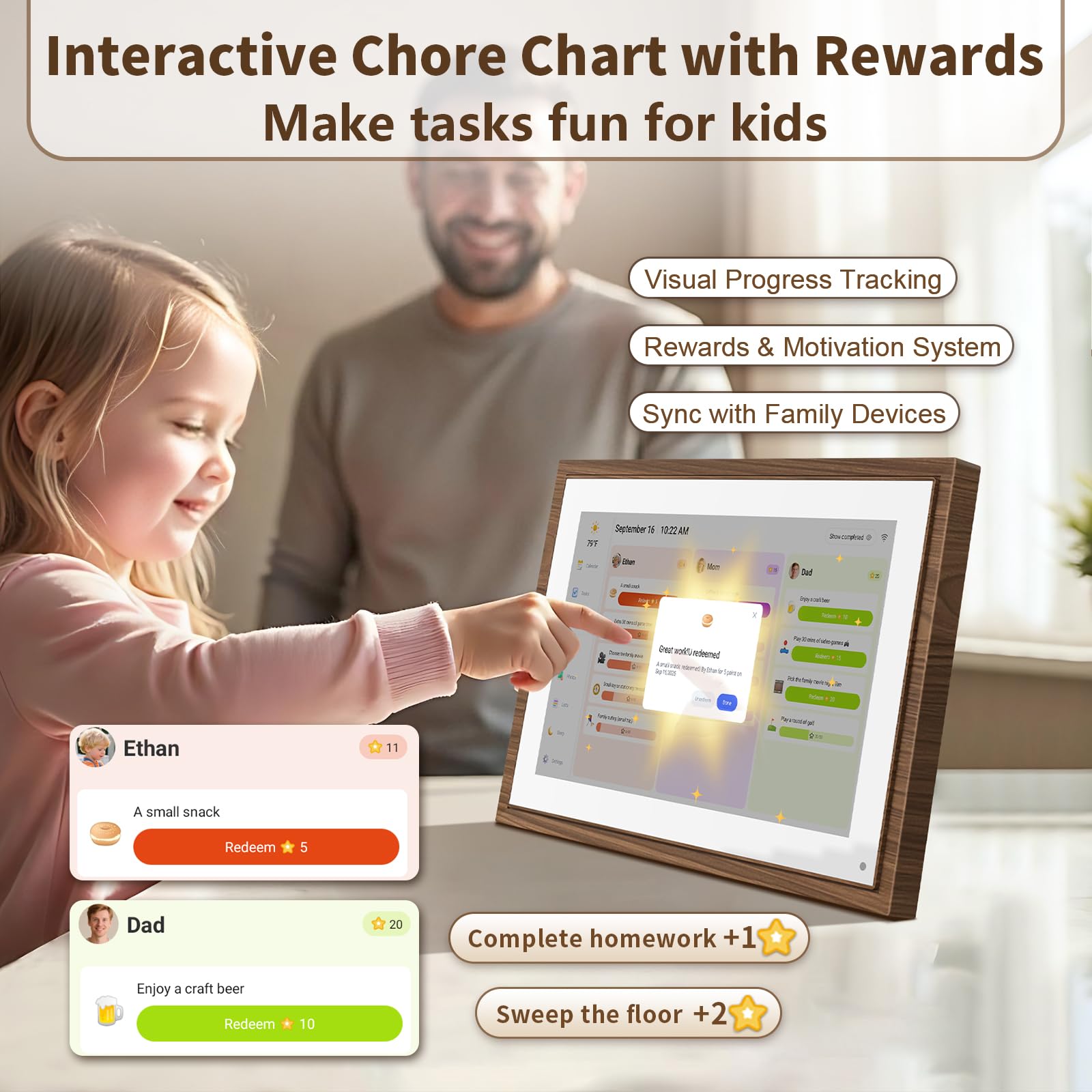 10.1 Inch Digital Calendar Chore Chart with Touchscreen - Full HD Interactive Display, Wall & Desk Mountable Family Planner, To-Do List & Meal Planner, Digital Picture Frame for Sharing Photos via App