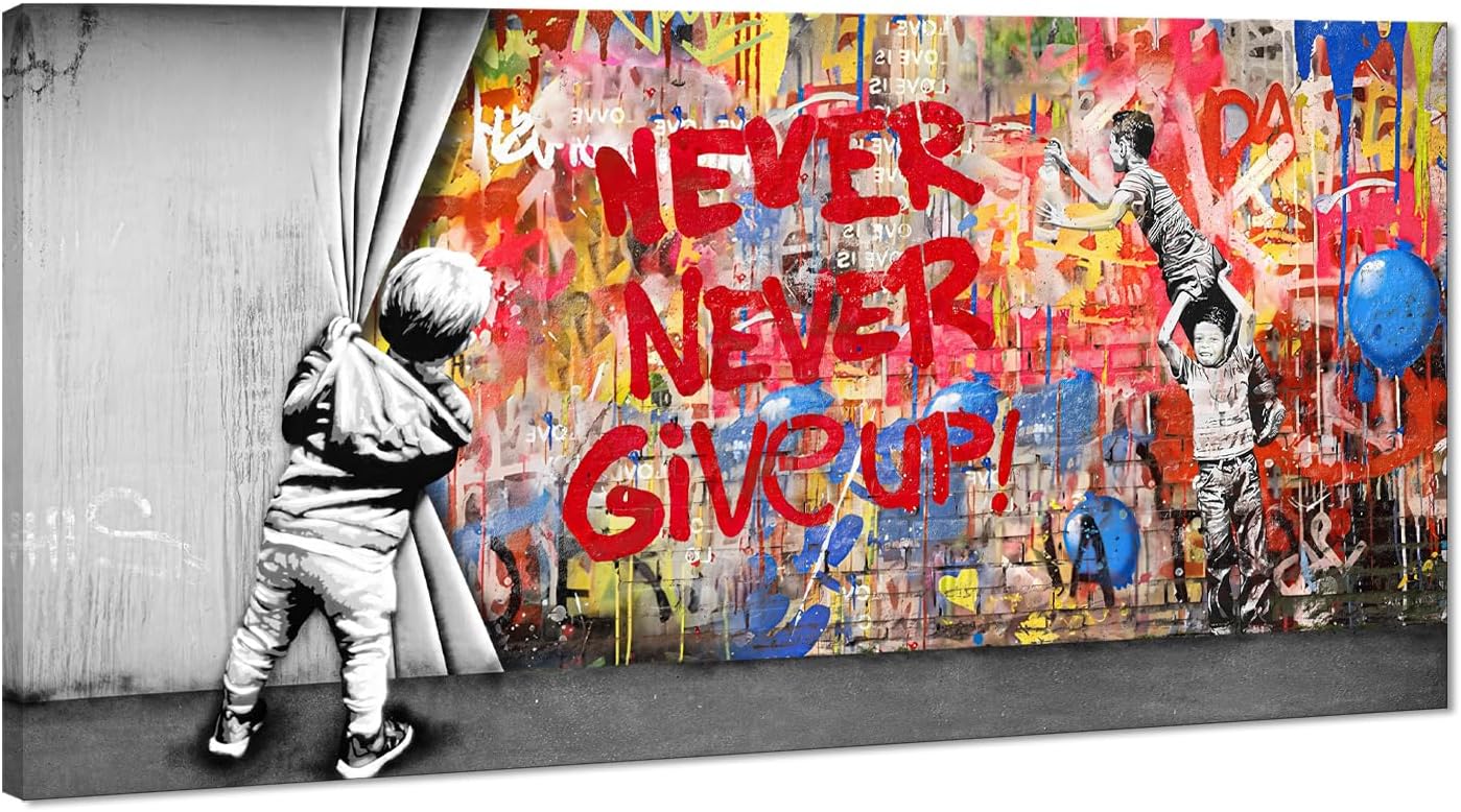 Banksy Graffiti Canvas Wall Art Modern Painting Inspirational Never Give Up Boy Behind The Curtain Prints for Living Room Home Office Decor, Framed 48" x 24"