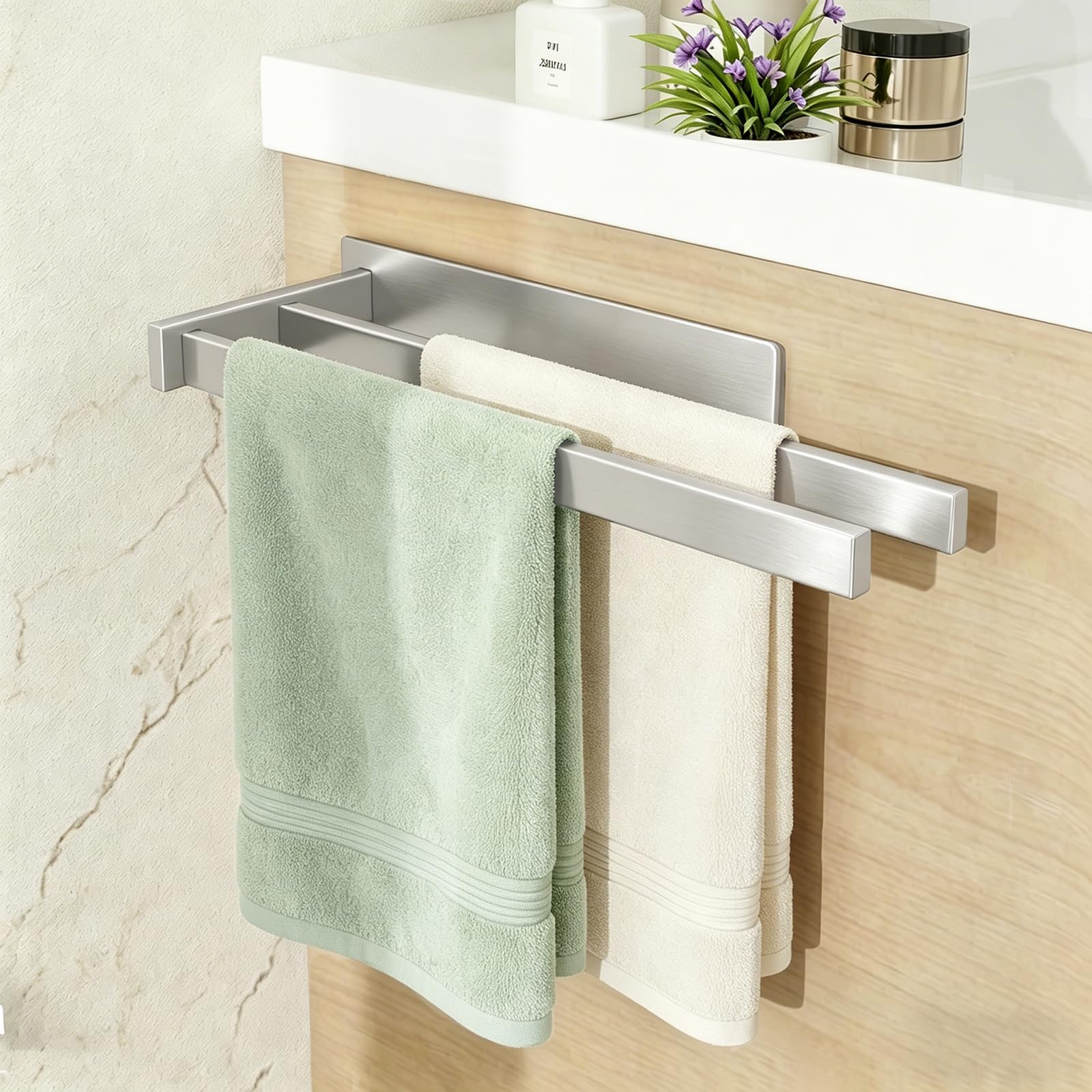 Feligio Bathroom Towel Racks without Drill Silver 36 cm – Adhesive Towel Rail Bathroom Stainless Steel Double Bar – Easy Installation for Kitchen and Bathroom