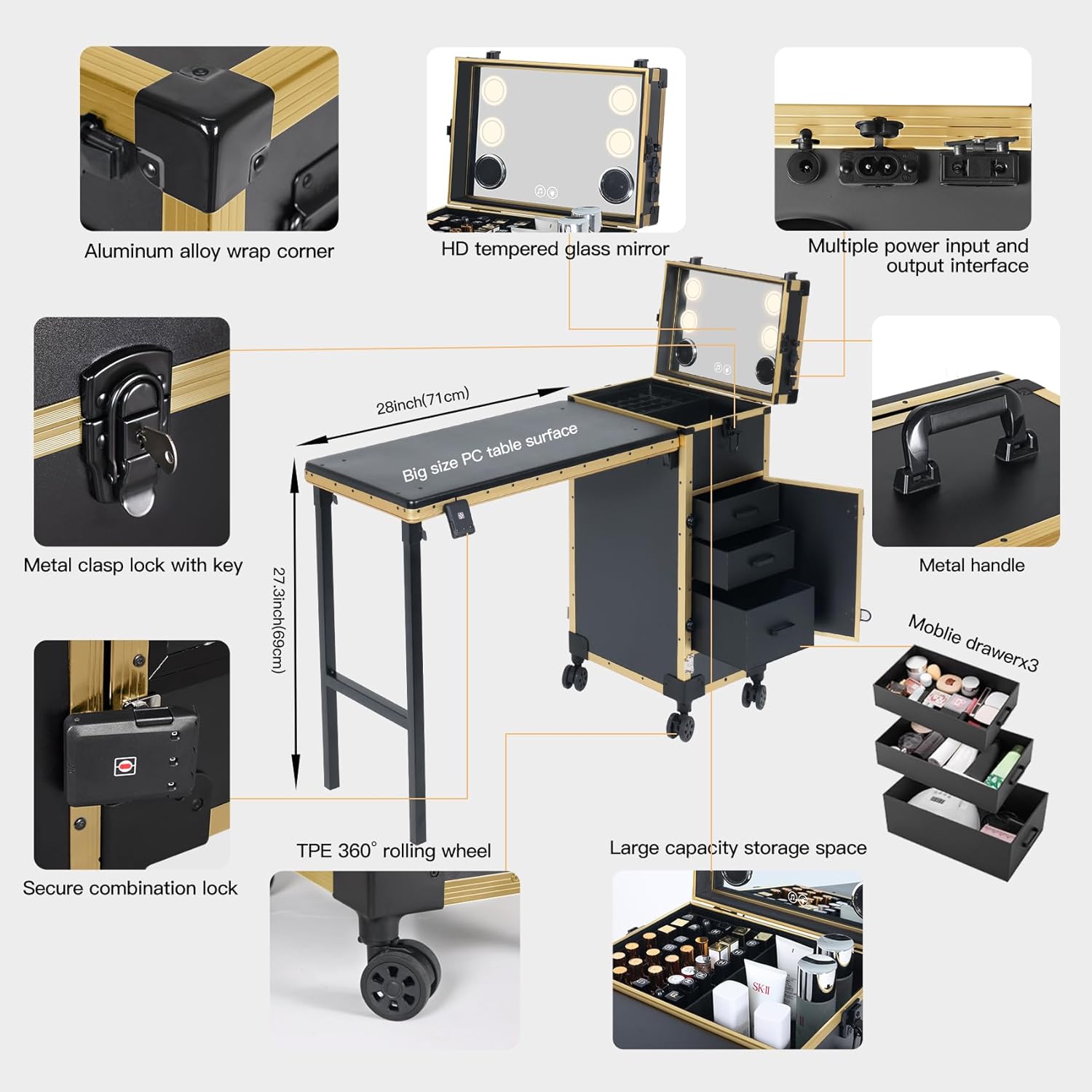 Portable Nail Desk for Nail Tech, Foldable Manicure Table with 3 Drawers & Mirror, Rolling Nail Table with Lockable Train Case, Nail Polish Organizer, Mobile Nail Tech Workstation with Wheels, Golden