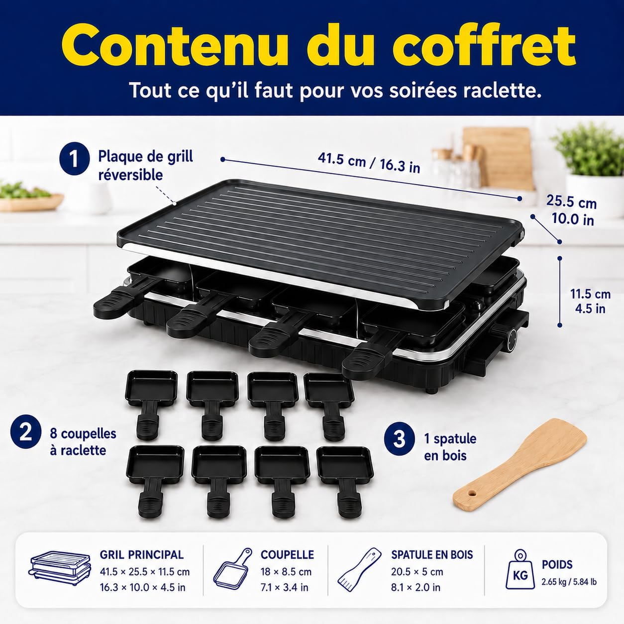 Griglia per Raclette, Raclette 8 Persone, 1300W Griglia Elettrica Antiaderente Reversibile con 8 Padelline per Formaggio Raclette in Miniatura e 1 Spatola di Legno, per Barbecue al Chiuso