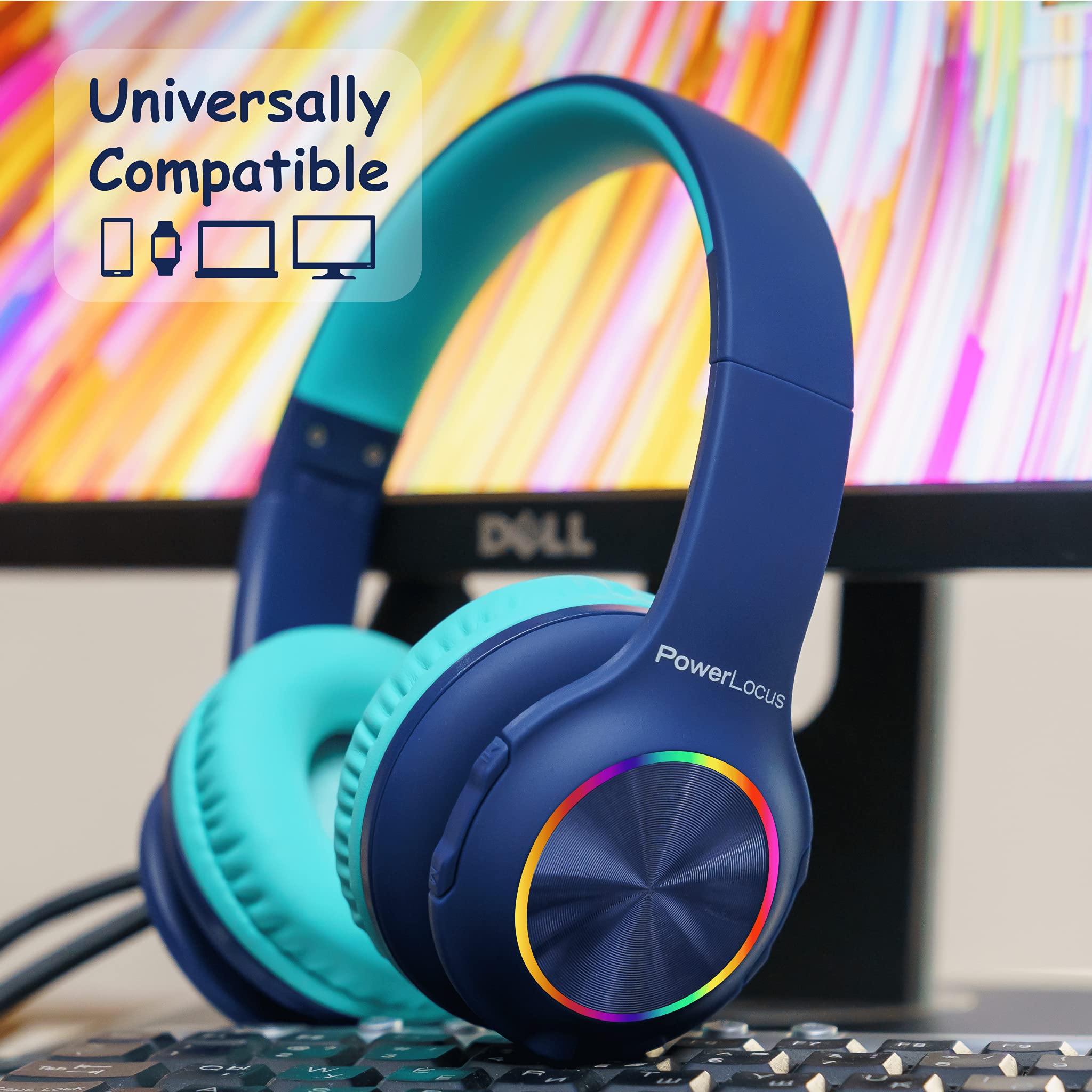 PowerLocus Cuffie Bluetooth pieghevoli senza fili per bambini con luci LED, HD Stereo, USB-C Ricarica Rapida, Micro integrato, SD Modalità e cablata per iPhone/Tablet/TV