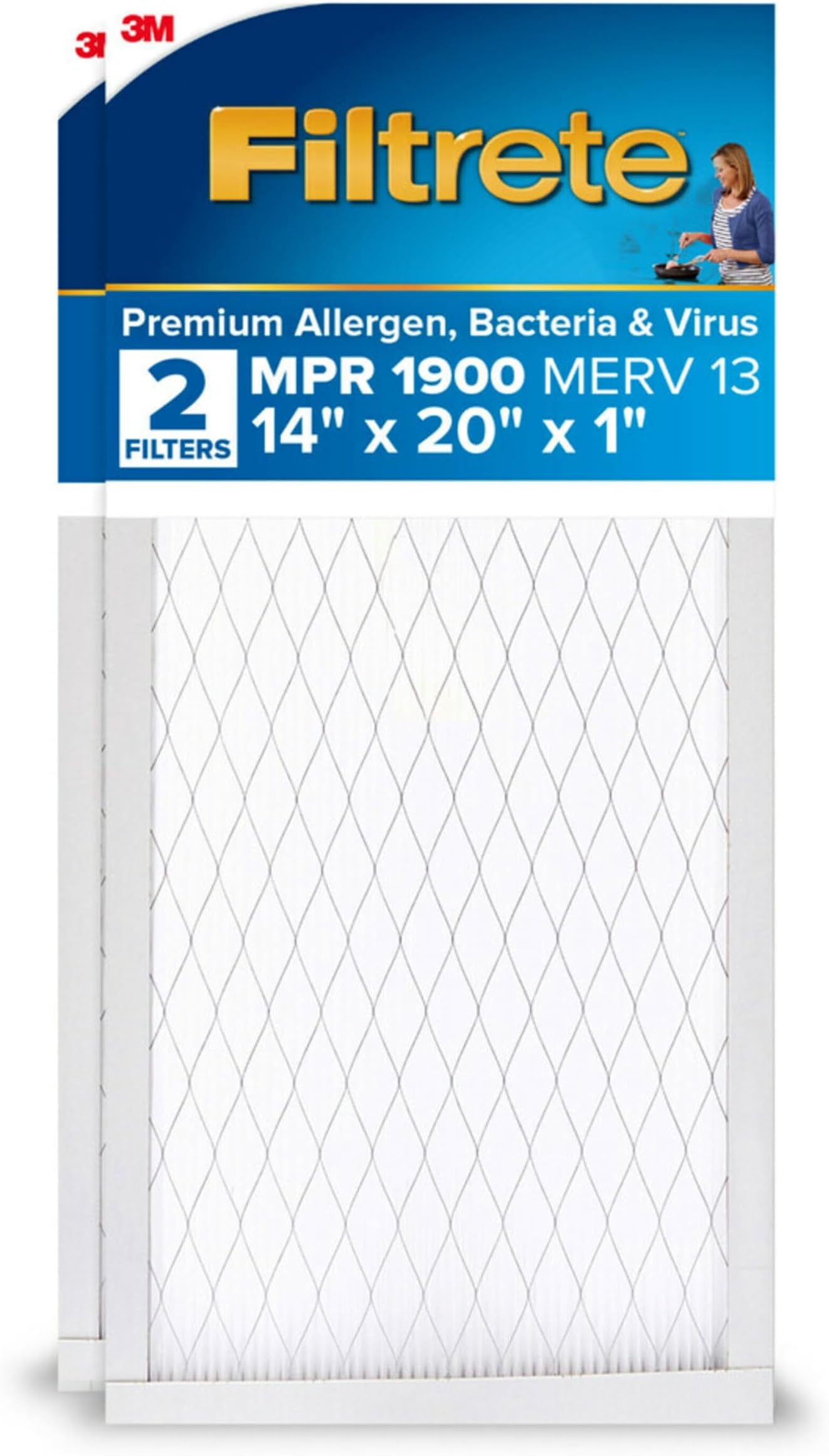 14x20x1 AC Furnace Air Filter, MERV 13, MPR 1900, Premium Allergen, Bacteria & Virus Filter, 3-Month Pleated 1-Inch Electrostatic Air Cleaning Filter, 2-Pack (Actual Size 13.81x19.81x0.78 in)
