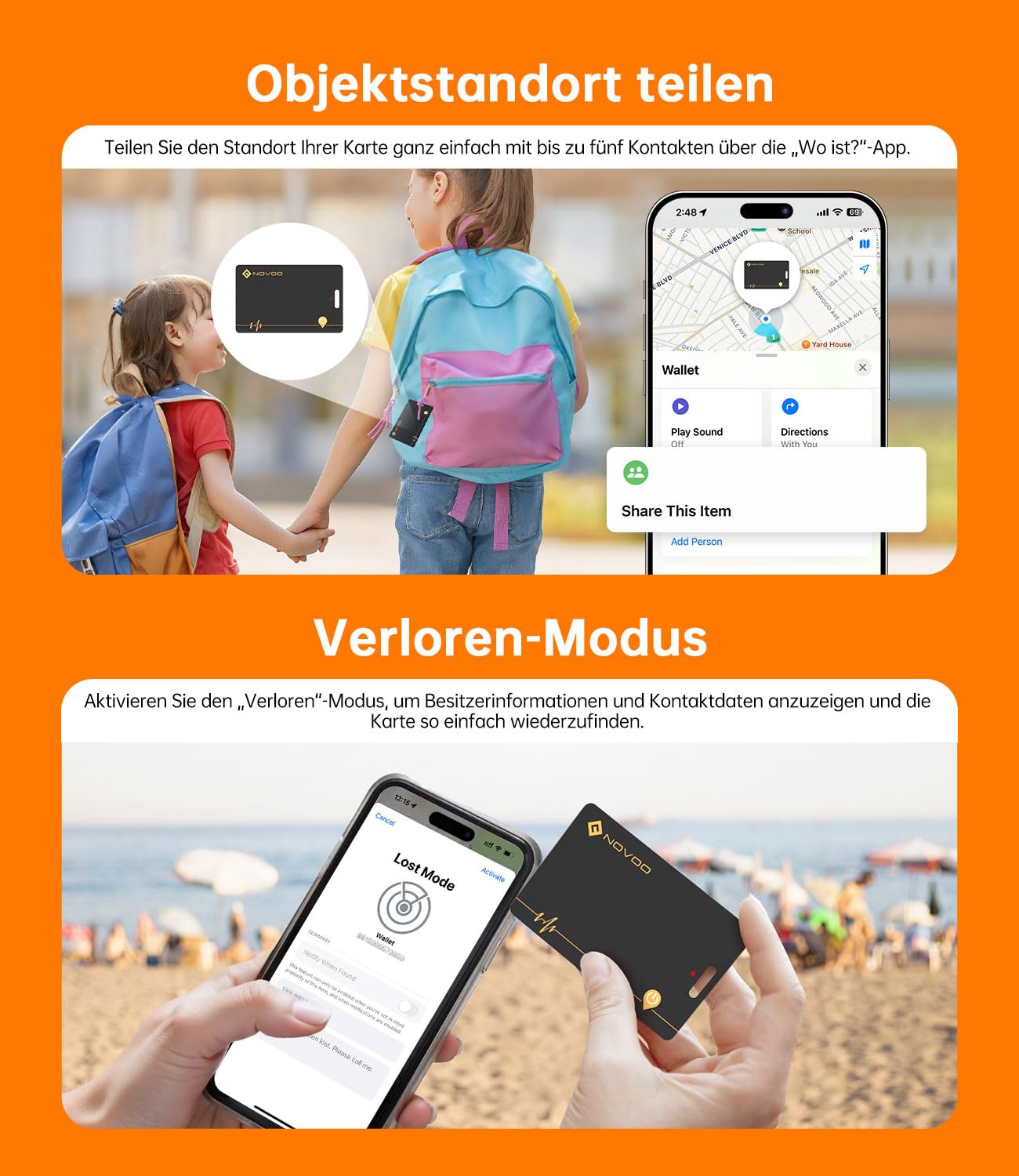 NOVOO Wiederaufladbarer Tracker 2er Pack Air Tag Karte Slim kompatibel mit Apple Find My (nur iOS),Bluetooth SmartTag Item Finder, IP68 wasserdicht,Dünne Geldbörsenfinder für Reisekoffer/Geldbeutel