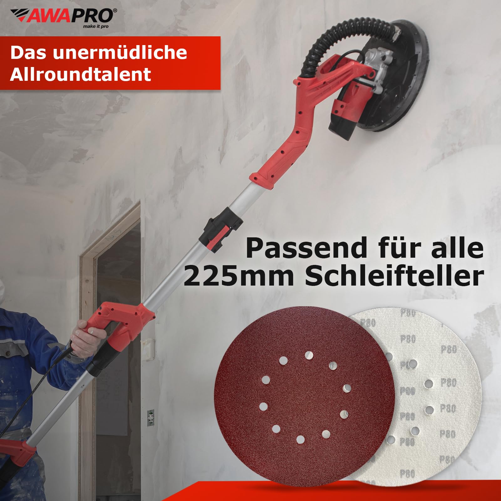 Schleifscheiben 225mm - 100 Stück - P180 Körnung, Effizientes Schleifen - Klett, 10 Loch - Vielseitig für Holz, Metall, Trockenbau - Schleifpapier Set