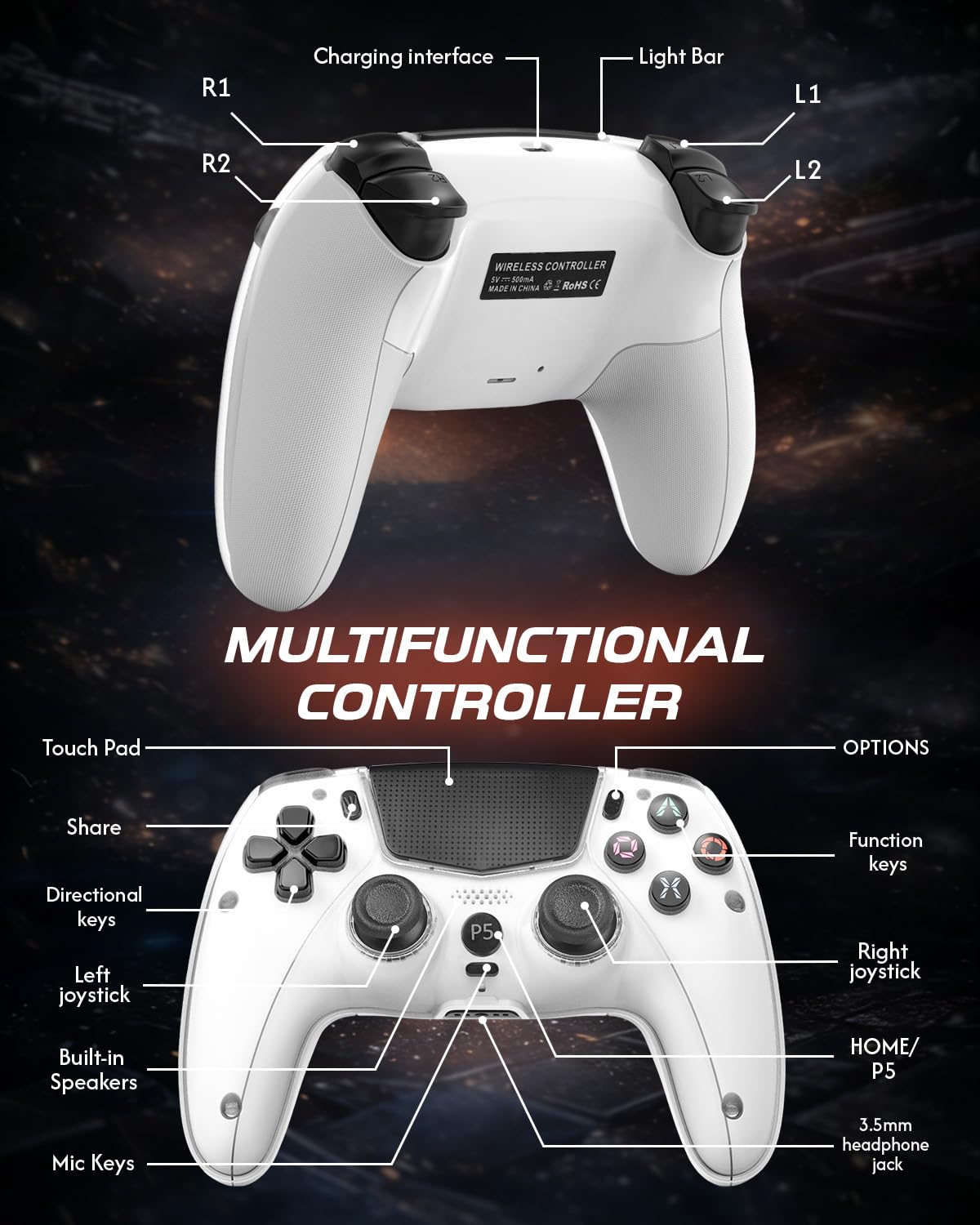 MTEZIZ Mando Inalámbrico para PS-5/PC/MAC/iOS/Android/Steam Deck, Gamepad con Doble Vibración/Conector para Auriculares