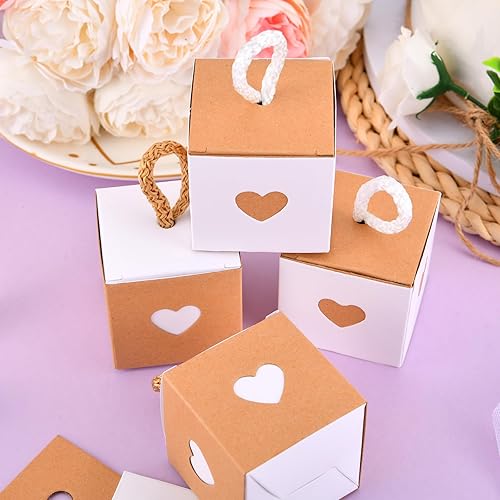 Miniatura 8 de Paquete de 100 mini cajas de regalo de corazón blanco y marrón  2 x 2 x 2 pulgadas, cajas de papel kraft para dulces y fiestas, con bonitas asas de