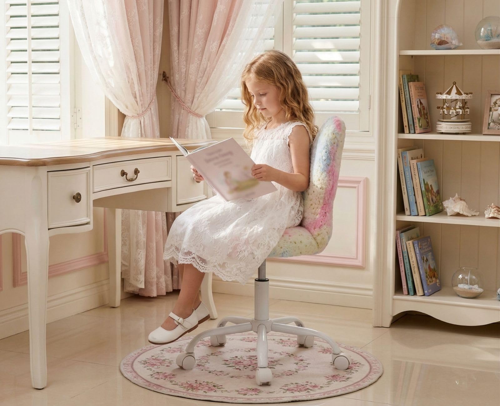 chairus Sedia Scrivania Bambina a Forma di Farfalla, Rosa | Sedia da ufficio per Bambini in Pelliccia Sintetica con Seduta Girevole Poltrona Altezza Regolabile per Studenti