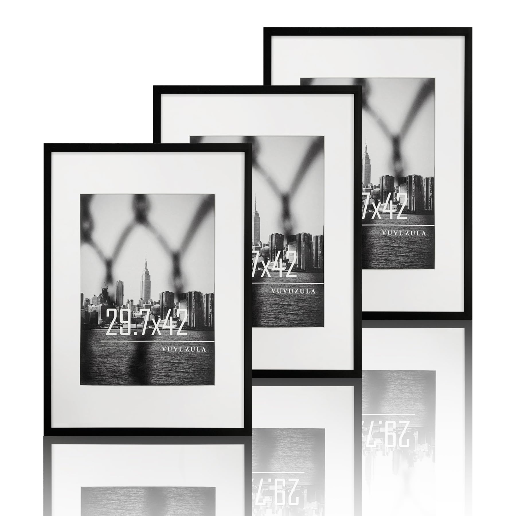 VUVUZULA Bilderrahmen 20x30cm Schwarz 3er Set Fotorahmen Rahmen mit Passepartout Posterrahmen