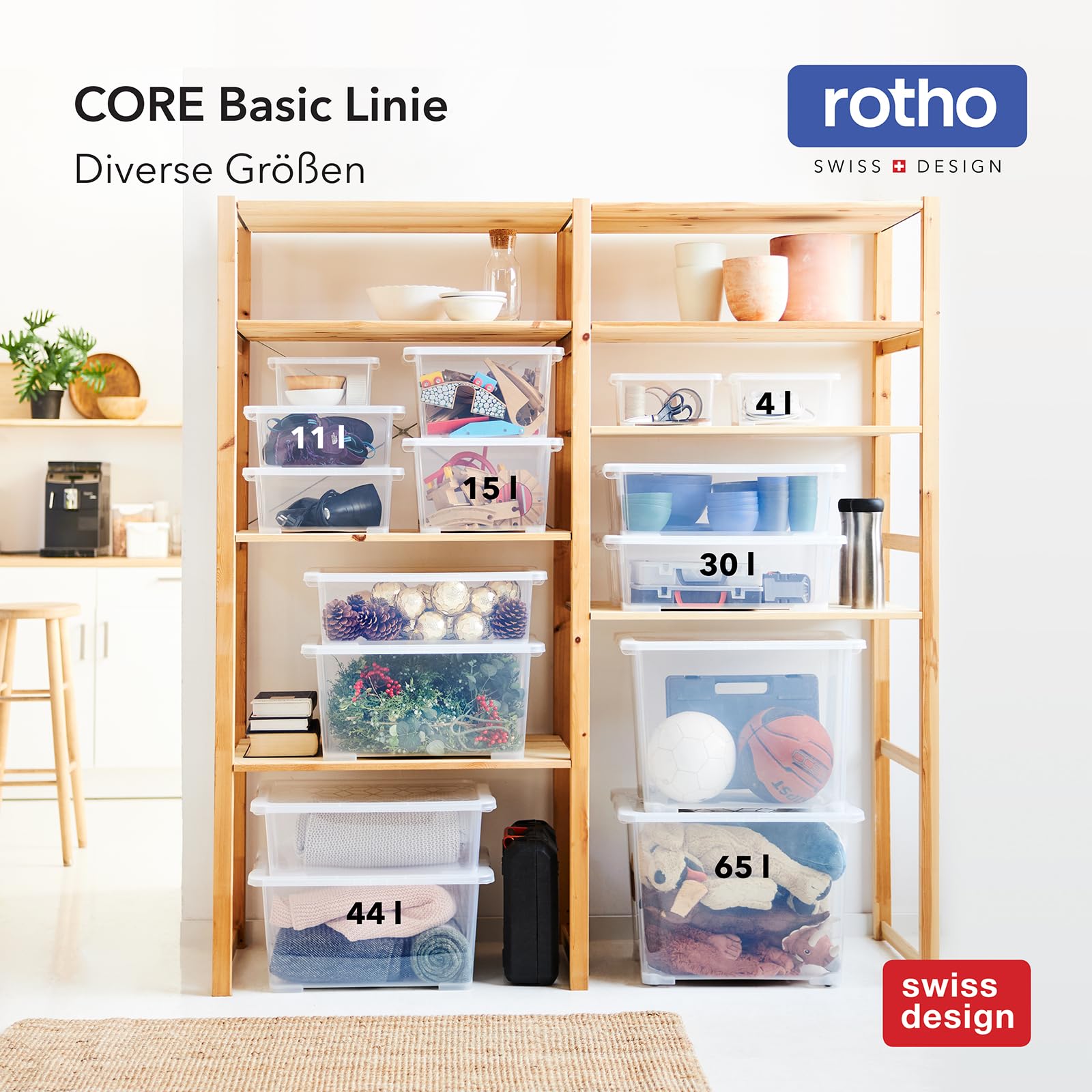 Rotho Core Basic - Set di 4 contenitori con coperchio, 30 l, trasparenti | Scatole impilabili con coperchio, richiudibili, stabili, salvaspazio, facili da pulire, trasparenti