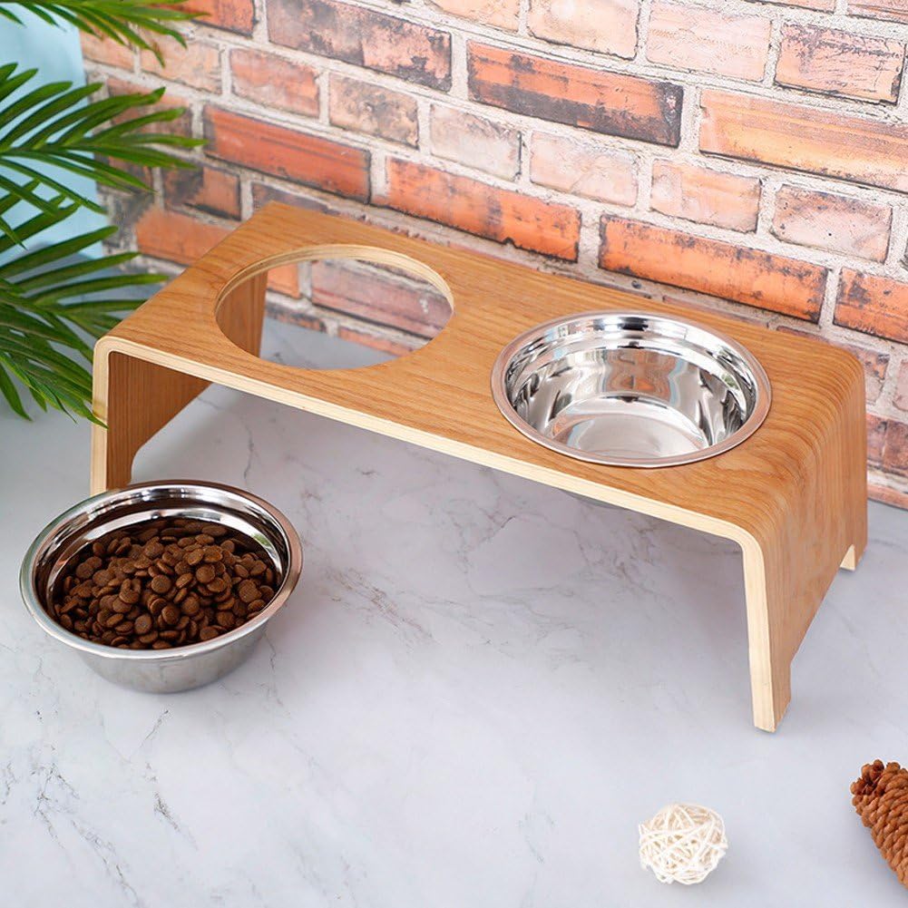 Cuencos Elevados para Mascotas con Soporte De Madera Cuencos Elevados para Gatos, Comedero para Mascotas, Bebedero para Perros Pequeños Y Gatos con 2 Cuencos De Acero Inoxidable