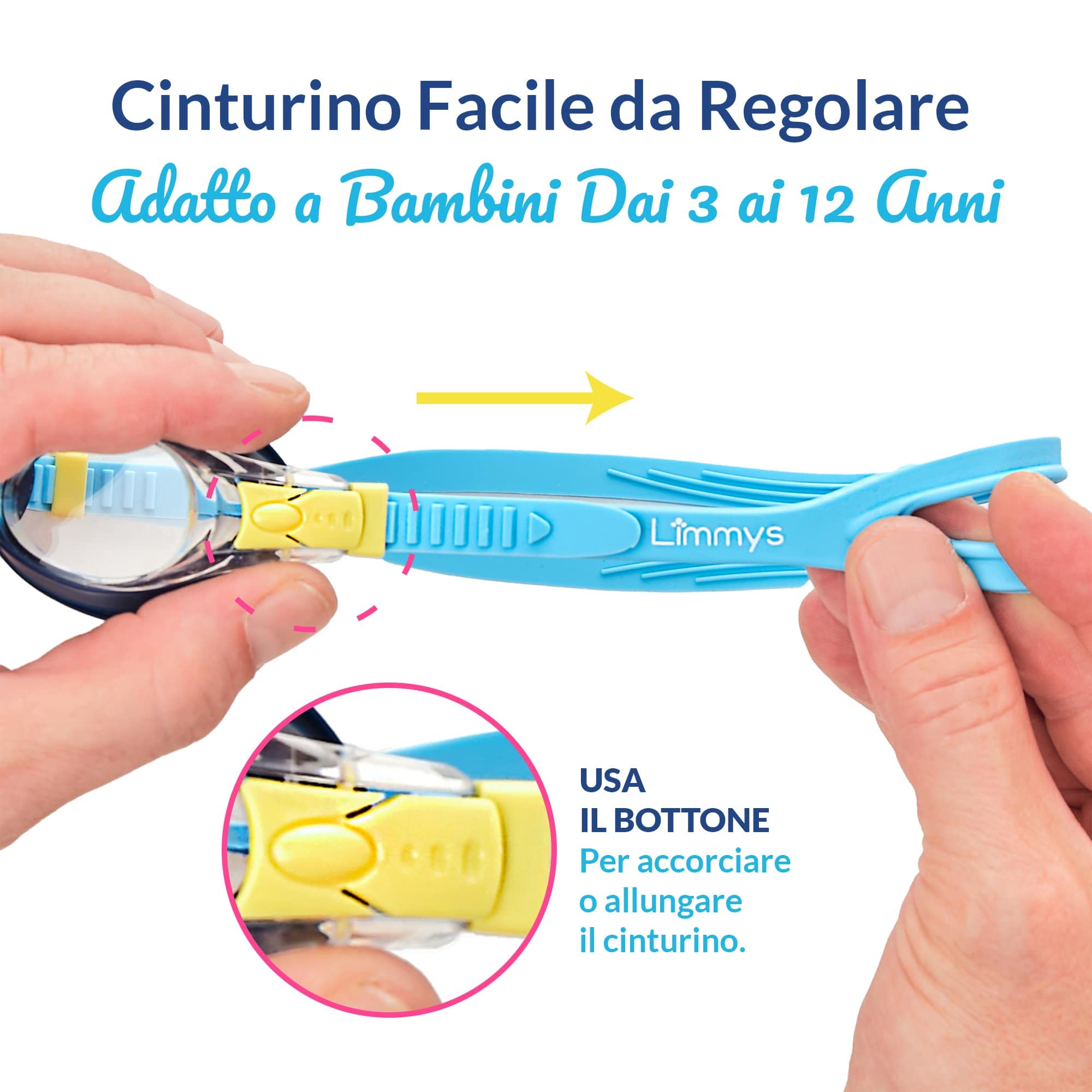 Limmys Occhialini da Nuoto Bambini 3–12 Anni – Anti-Appannamento, Senza Perdite, Protezione UV400, Senza Tirare i Capelli, Regolazione Rapida, Resistenti al Cloro, Custodia Inclusa