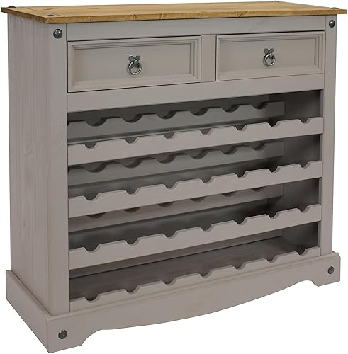 Sunnydaze Mesa de estante de vino de pino macizo de 34.5 pulgadas de alto con 28 botellas, cuatro filas de 7 botellas, 2 cajones, tiradores de cajón