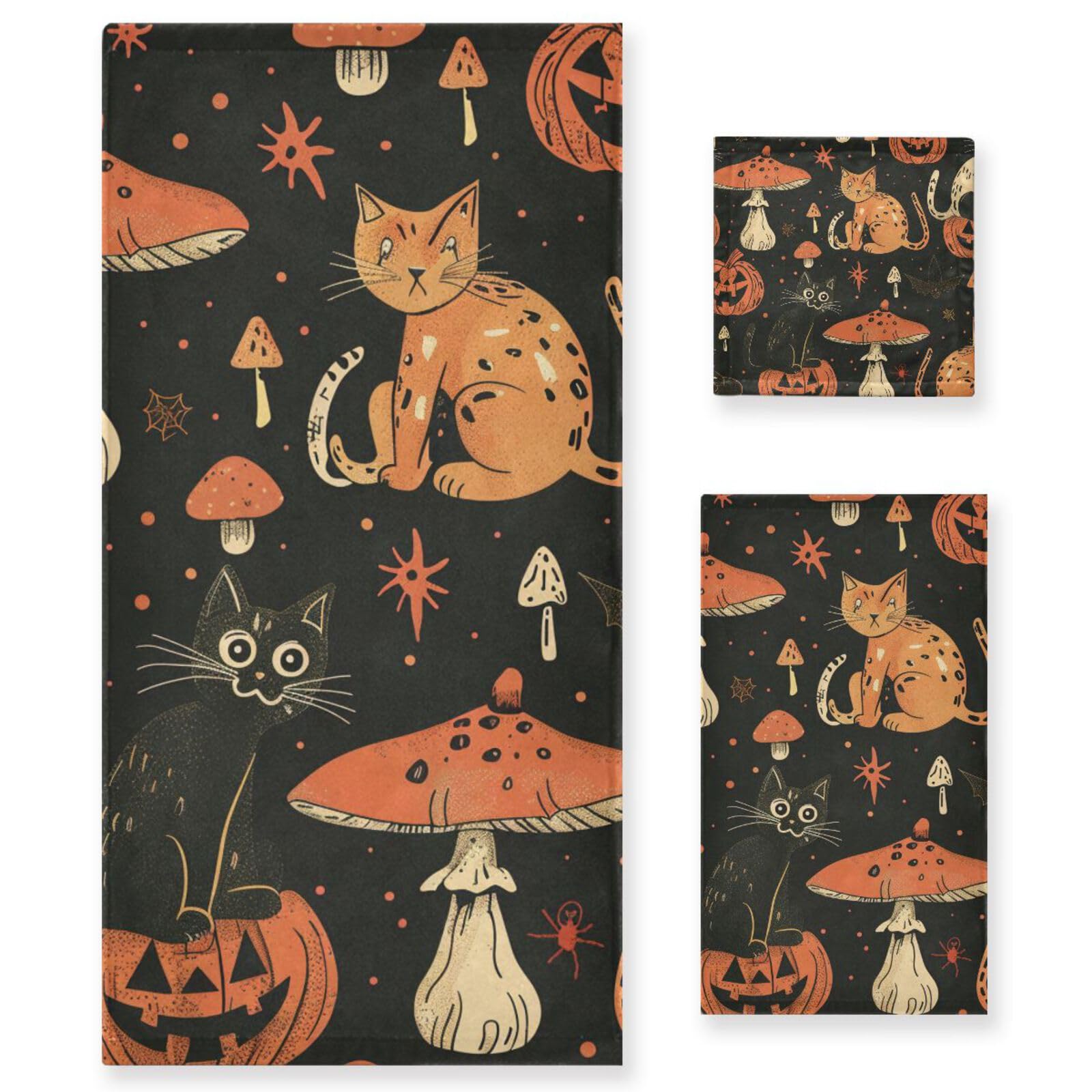 Set di 3 asciugamani per il viso ad asciugatura rapida con gatti, zucche, funghi, per Halloween, 3 pezzi, 1 asciugamano da bagno, 1 asciugamano per mani, 1 panno per la casa, cucina e famiglia